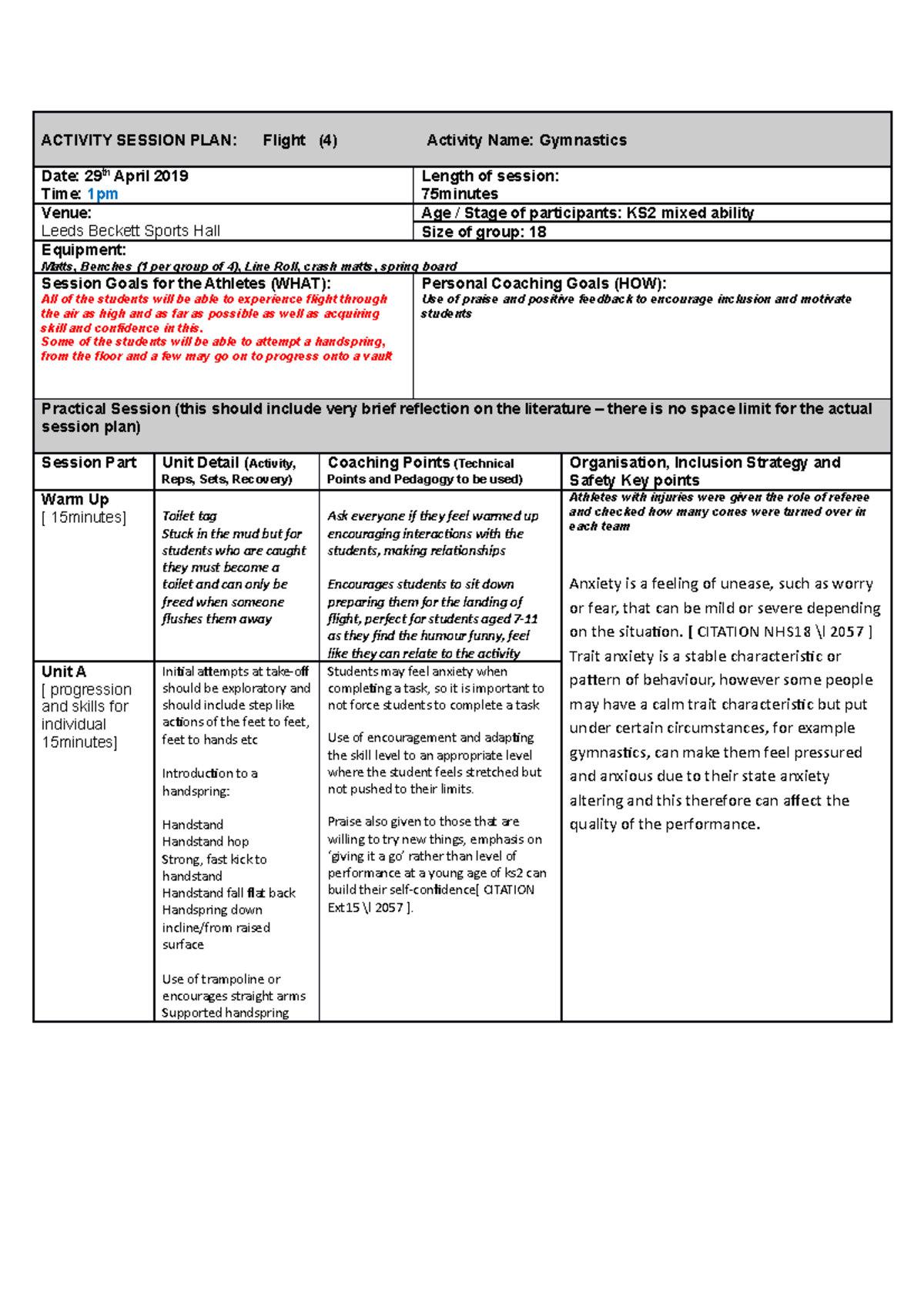 Flight in gymnastics lesson plan applied ped - ACTIVITY SESSION PLAN ...