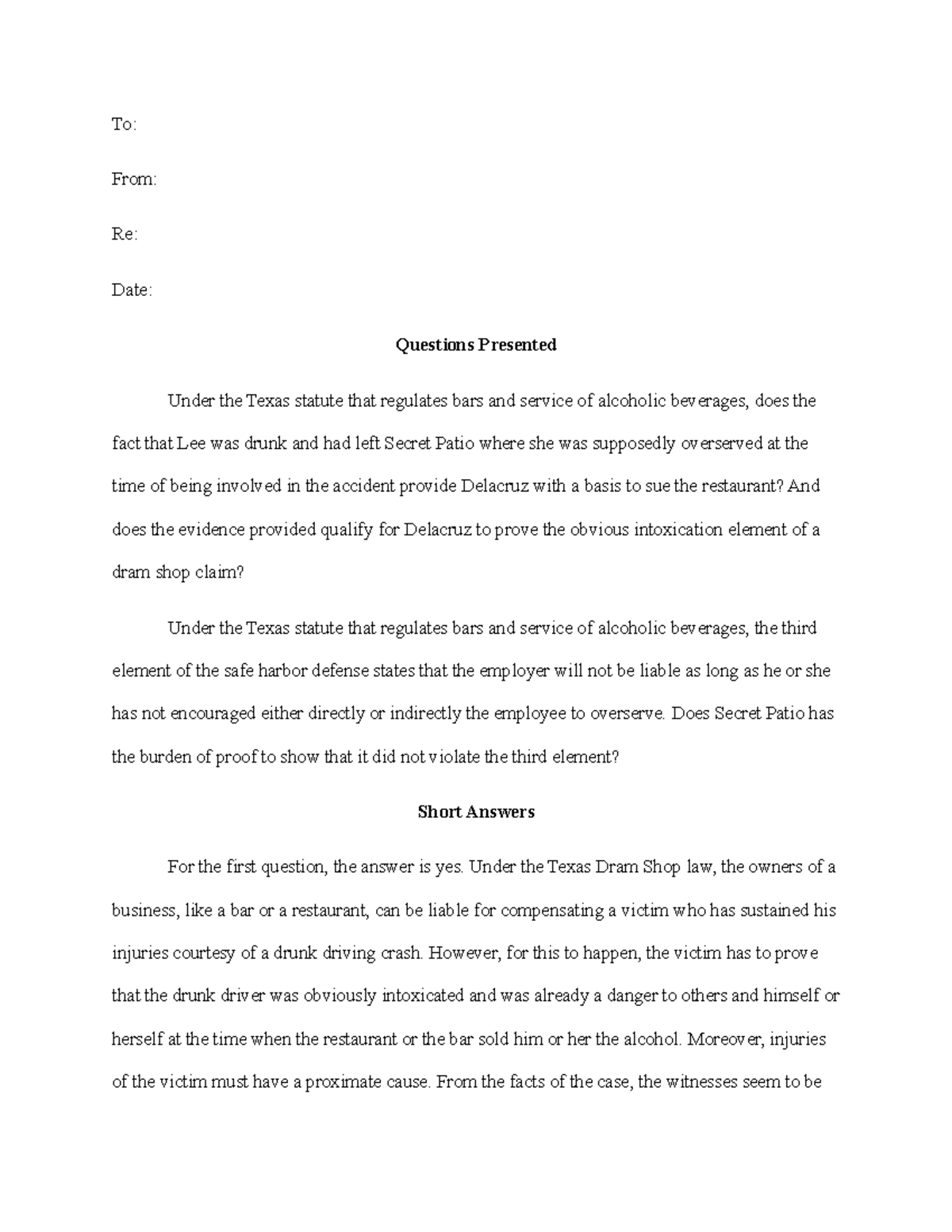 Legal notice - To: From: Re: Date: Questions Presented Under the Texas ...