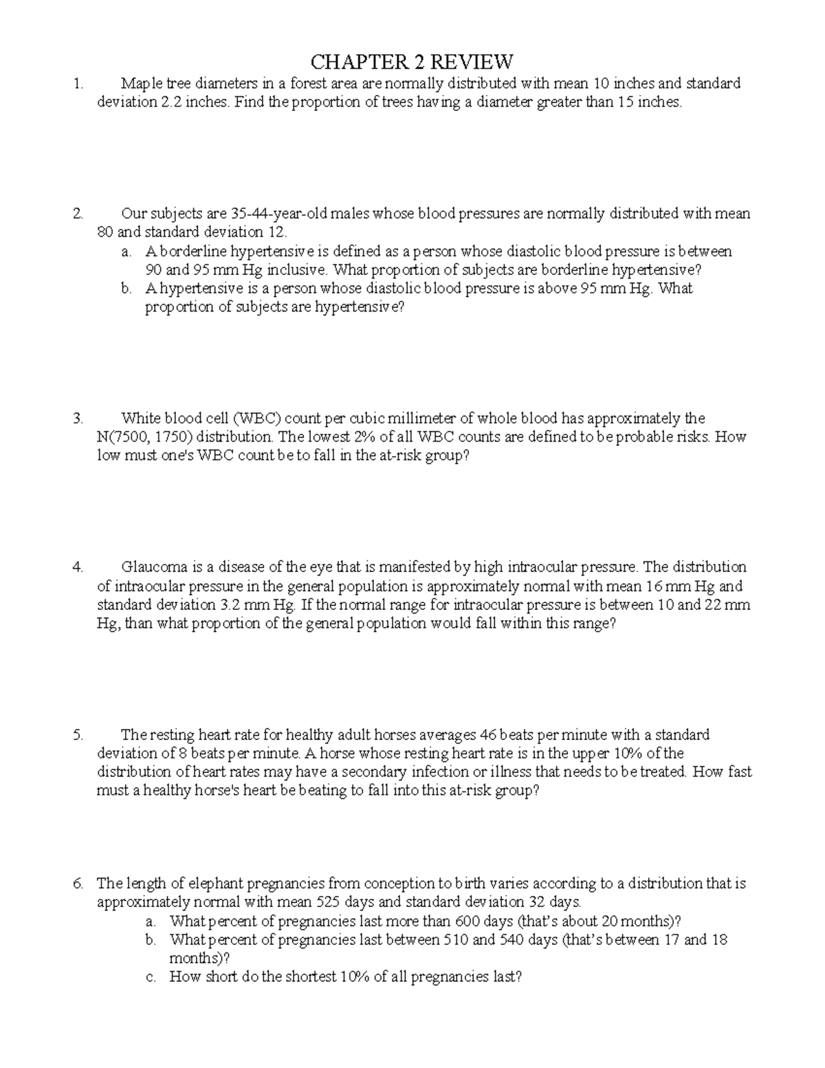 07- Review - Biology - CHAPTER 2 REVIEW Maple tree diameters in a ...