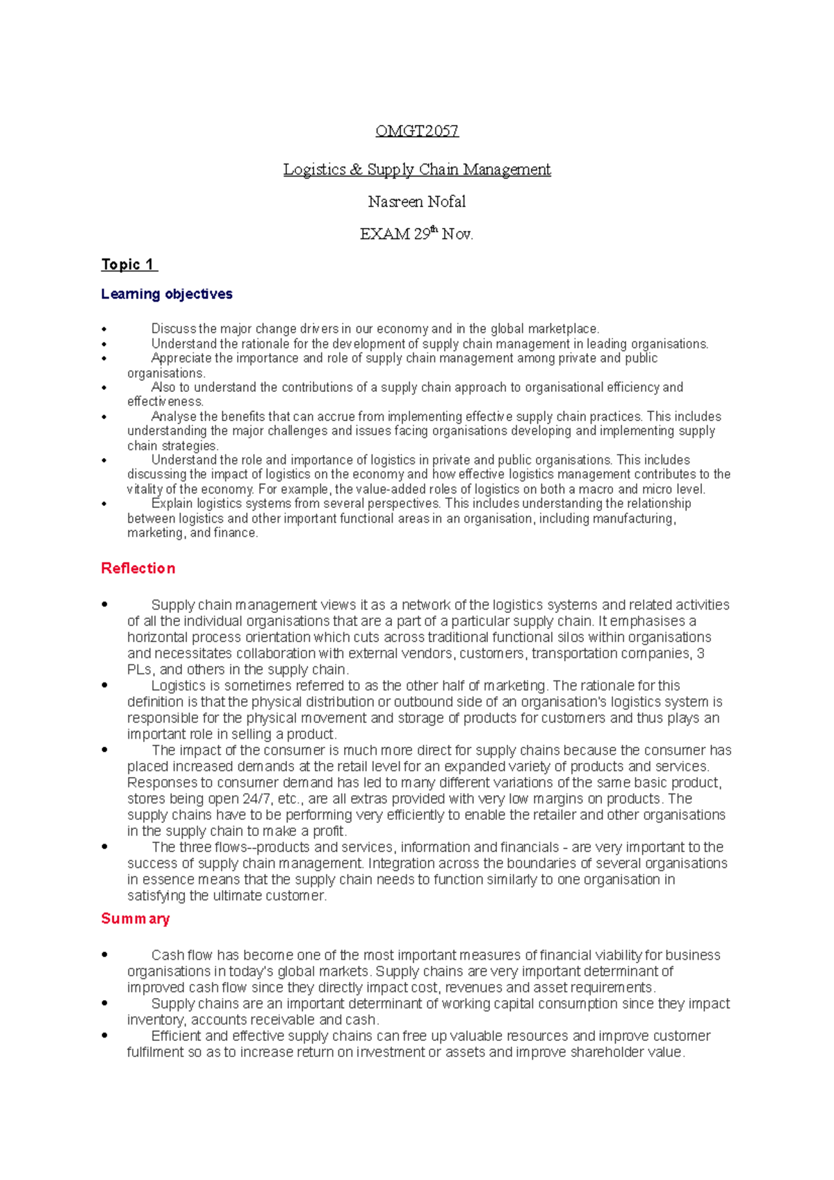 OMGT2057 notes - Lecture note 1-12 - OMGT2057 Logistics Supply Chain ...