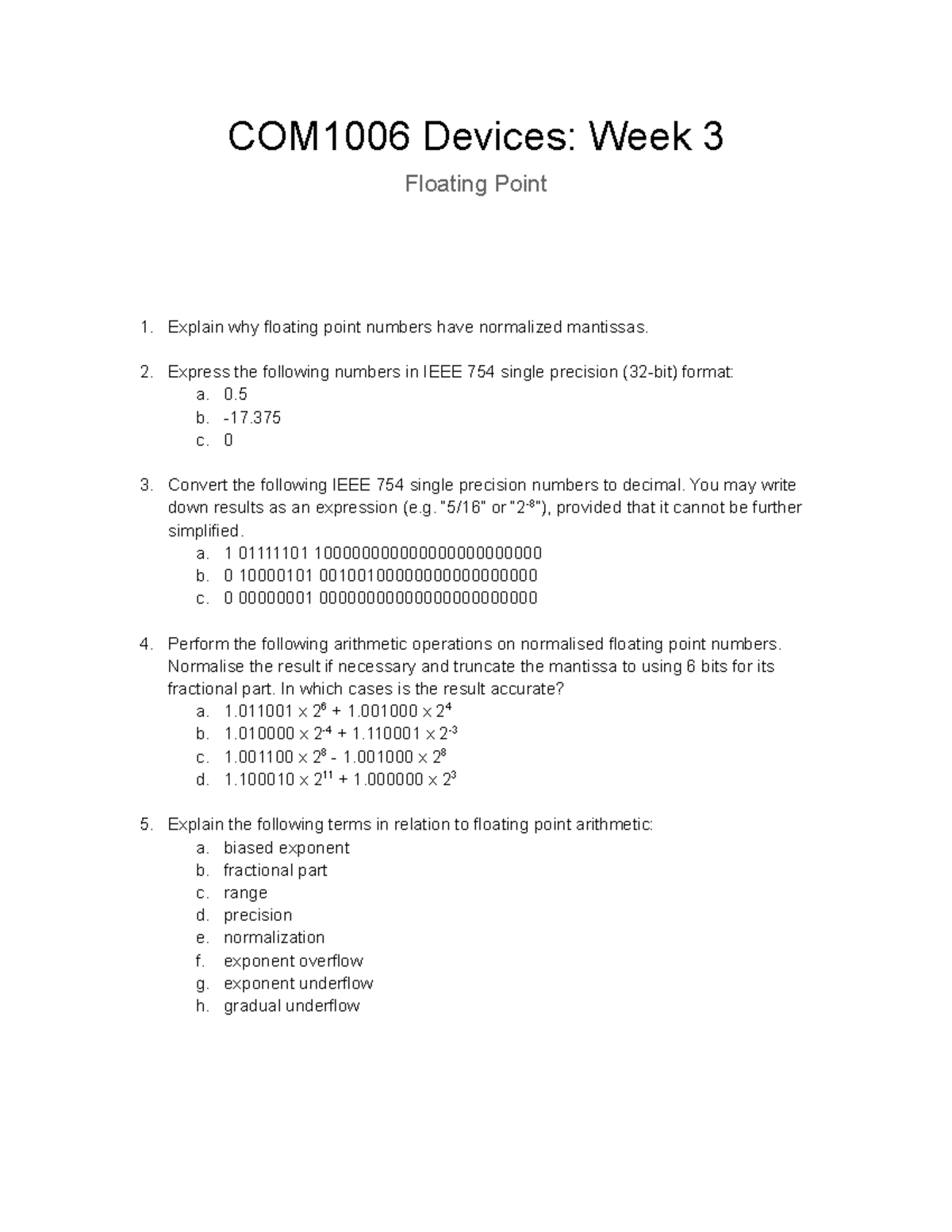 Labsheet - Week 3 - COM1006 Devices: Week 3 Floating Point Explain why ...