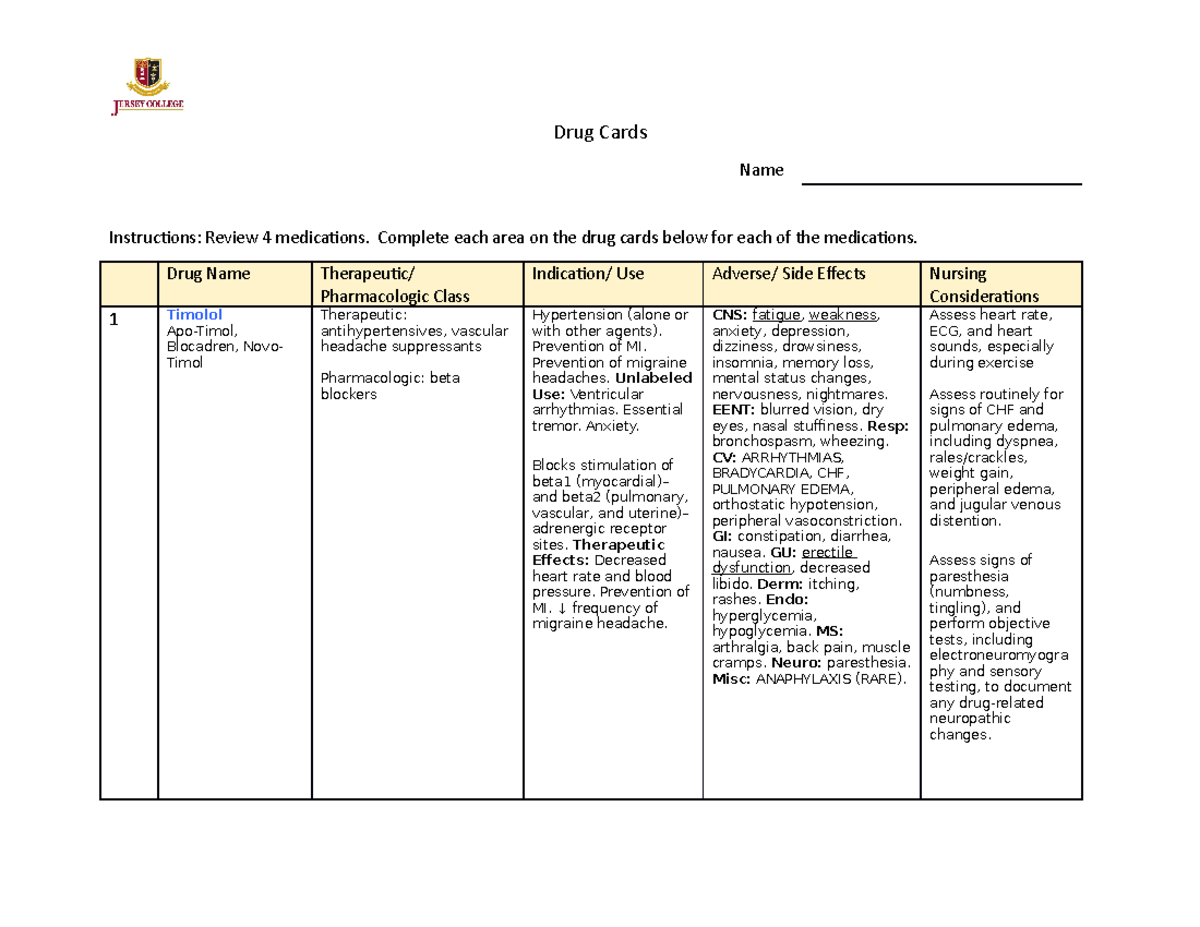 Week 2 - drug cards - Drug Cards Name Instructions: Review 4 ...