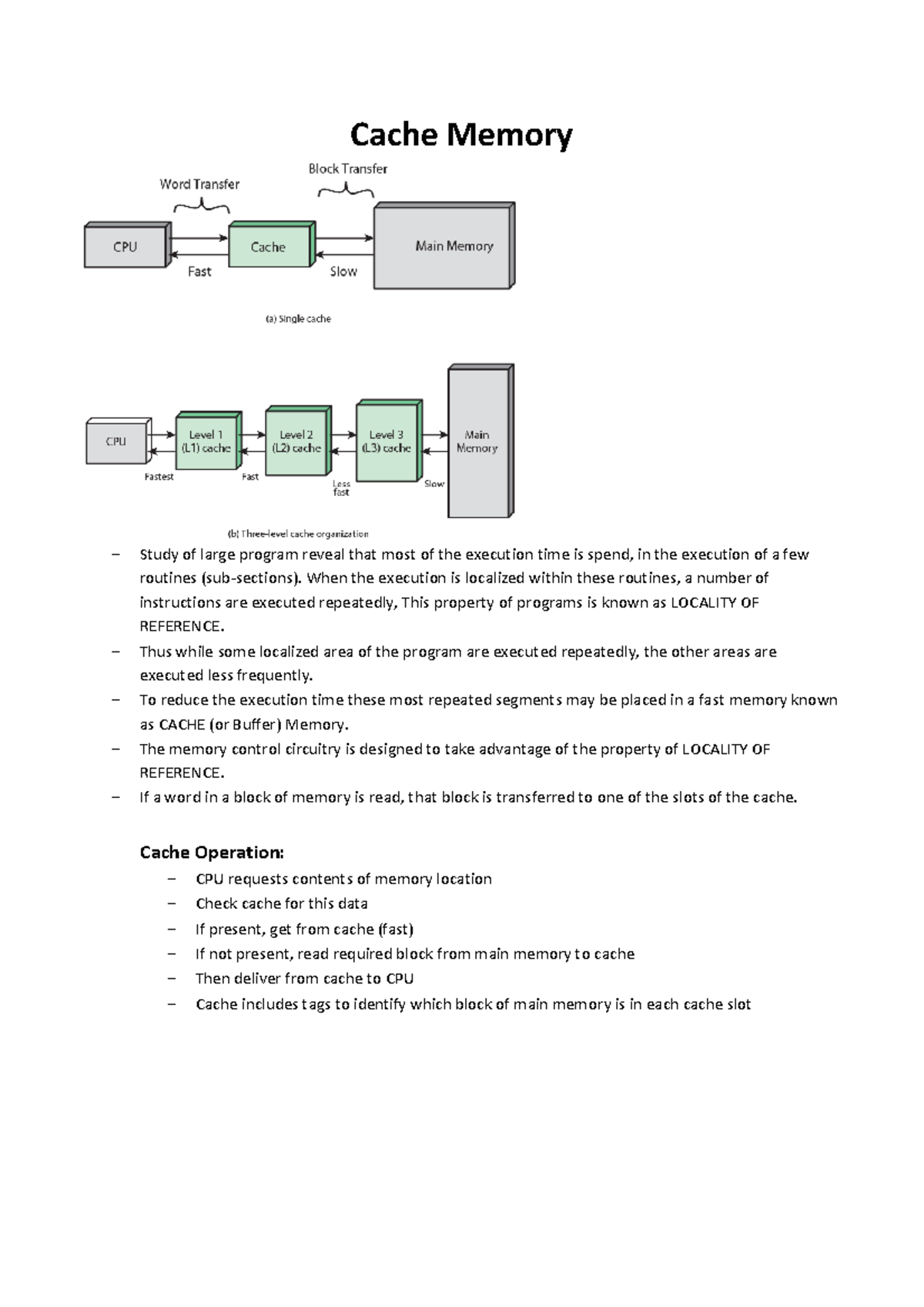 Coa Cache Memory Lecture Notes Cache Memory Study Of Large Program Reveal That Most Of The