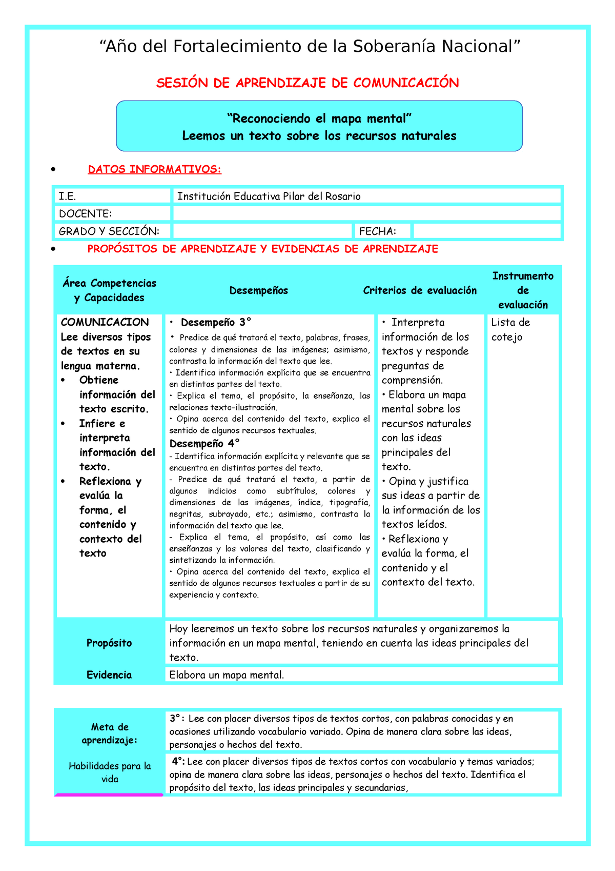 IV  Lunes 7 MAPA Mental - SESIÓN DE APRENDIZAJE DE COMUNICACIÓN   DATOS INFORMATIVOS: I. - Studocu