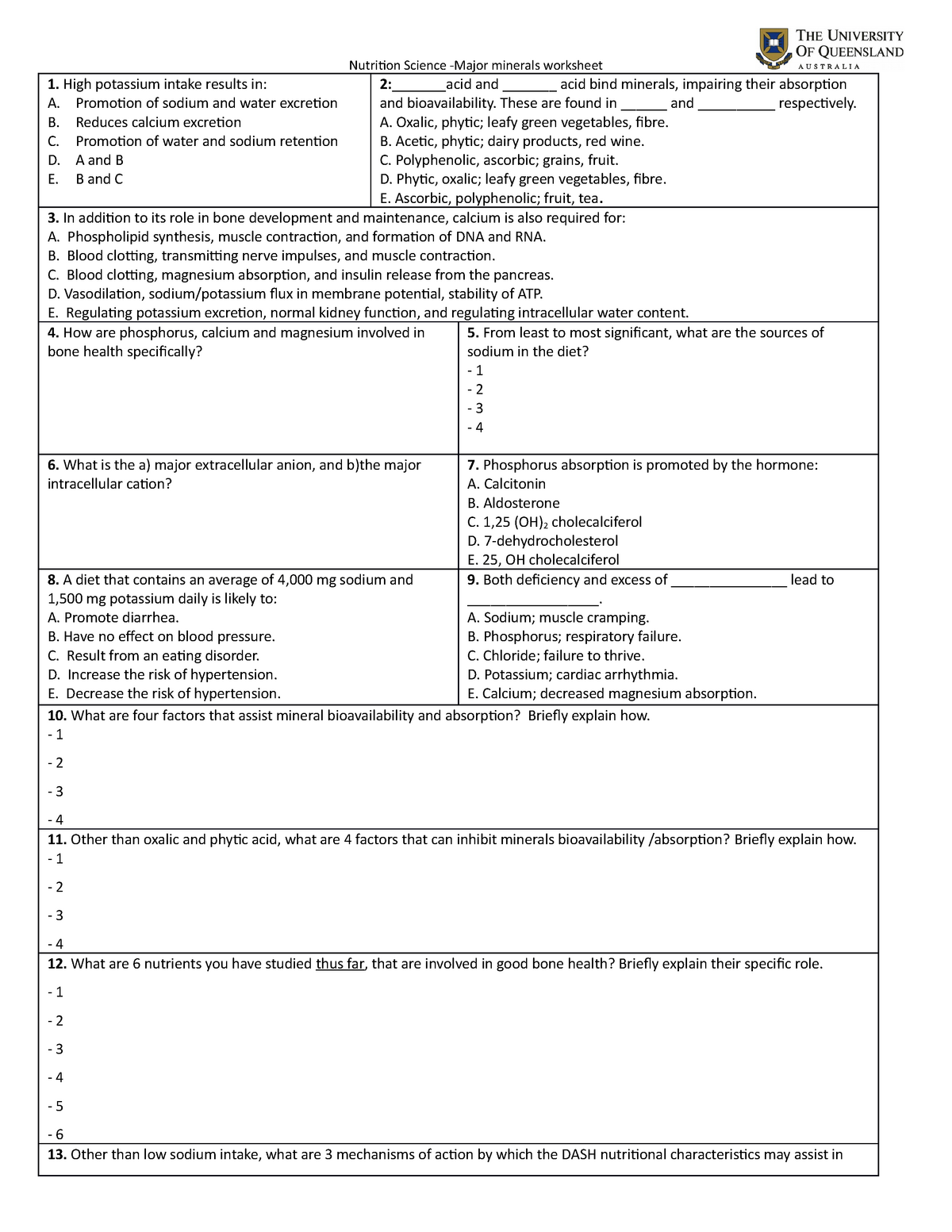 Major minerals worksheet for exam prep - Nutrition Science -Major ...