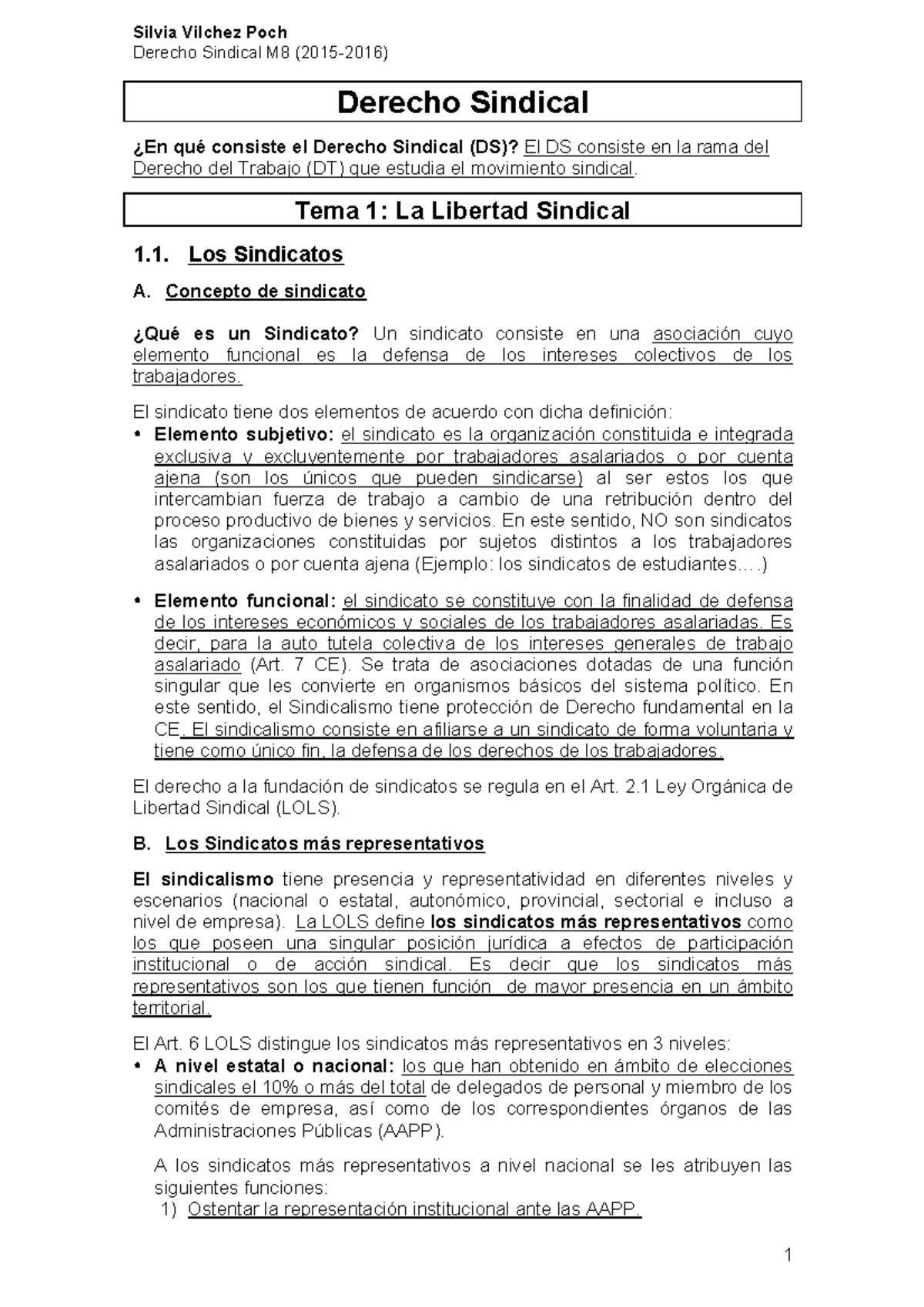 Derecho Sindical - Tema 1: La Libertad Sindical 1. Los Sindicatos A ...