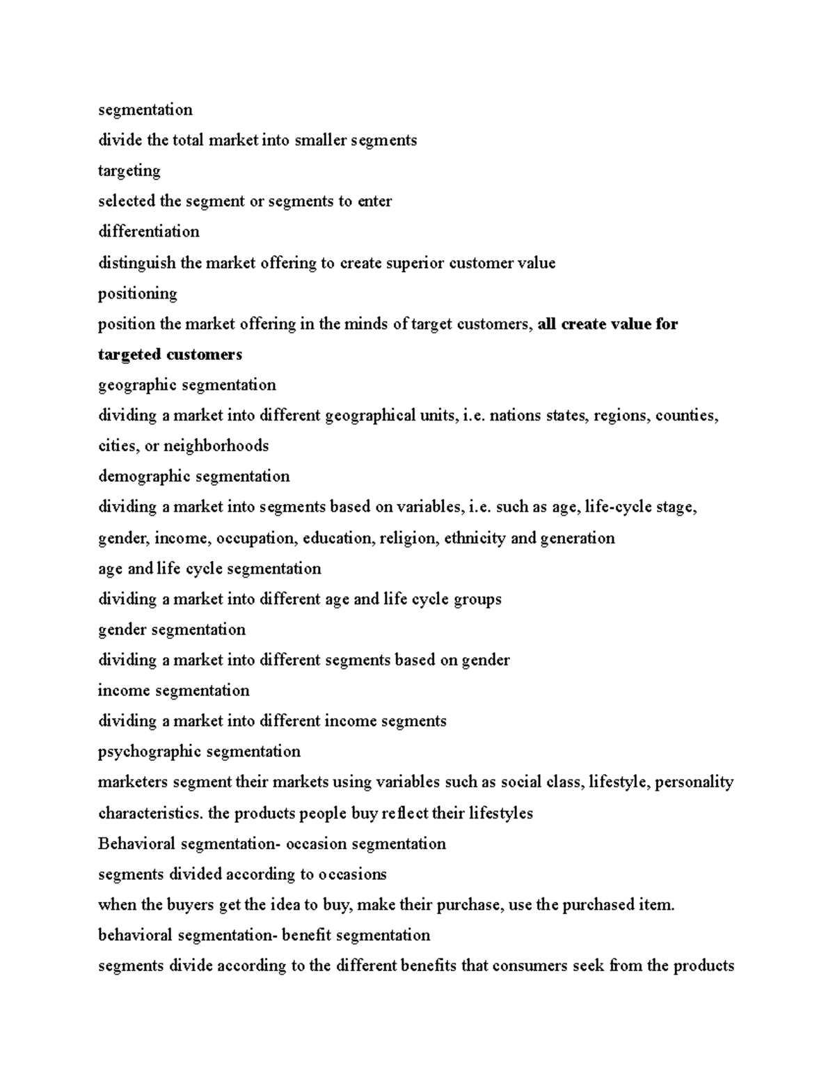 Marketing Chapter 6 Summary - segmentation divide the total market into ...