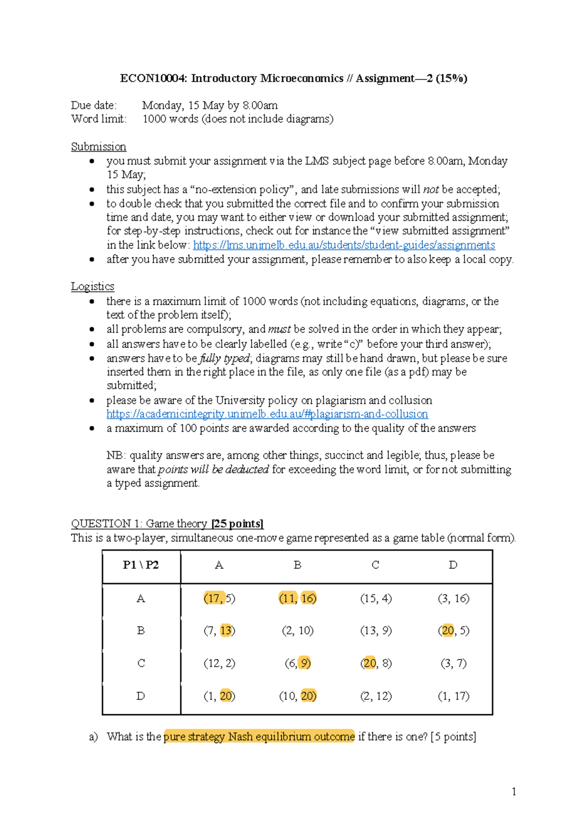 Assignment 2 Questions - 1 ECON10004: Introductory Microeconomics ...