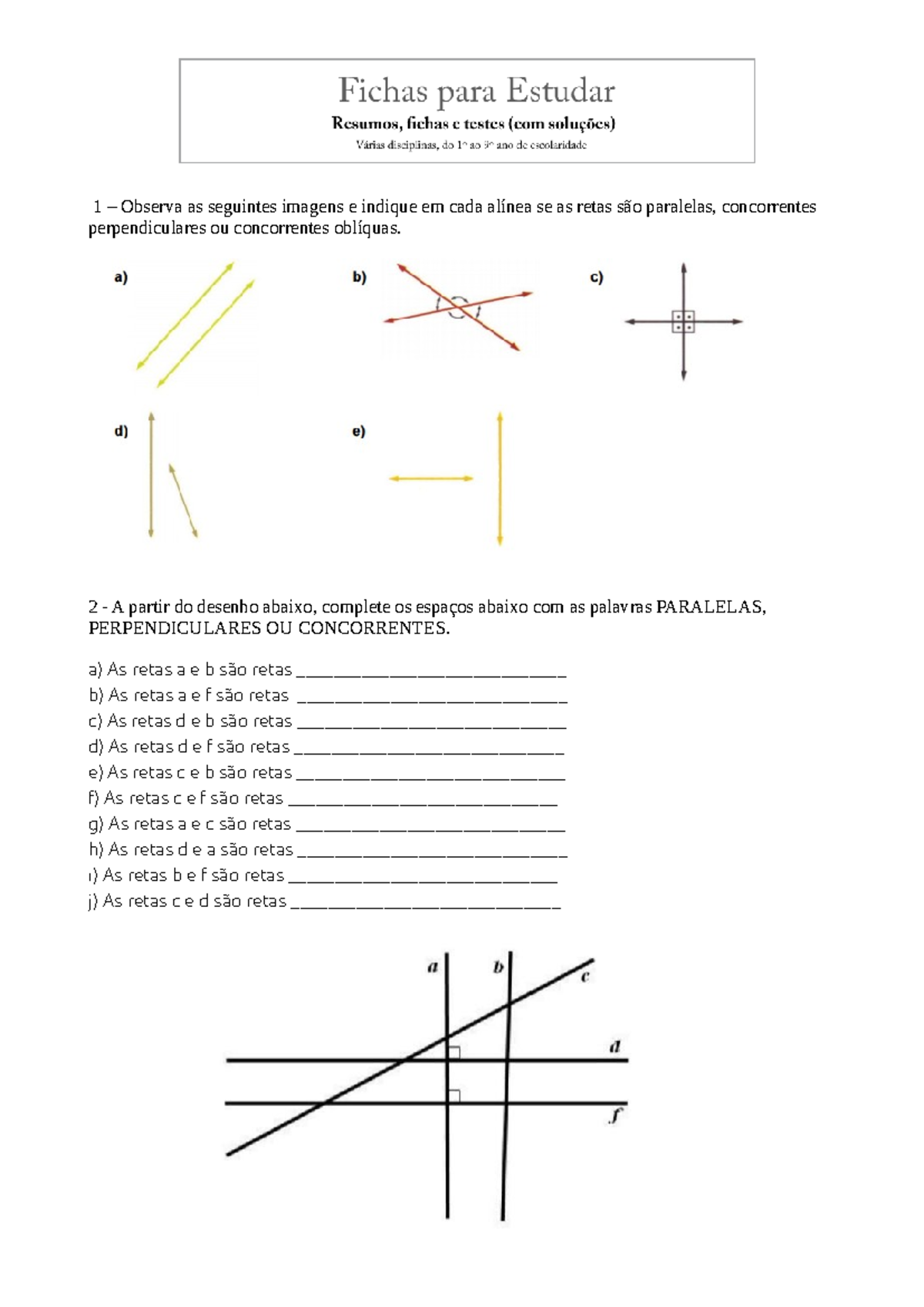 Ficha matematica 5 ano retas semirretas segmentos de reta posicao ...