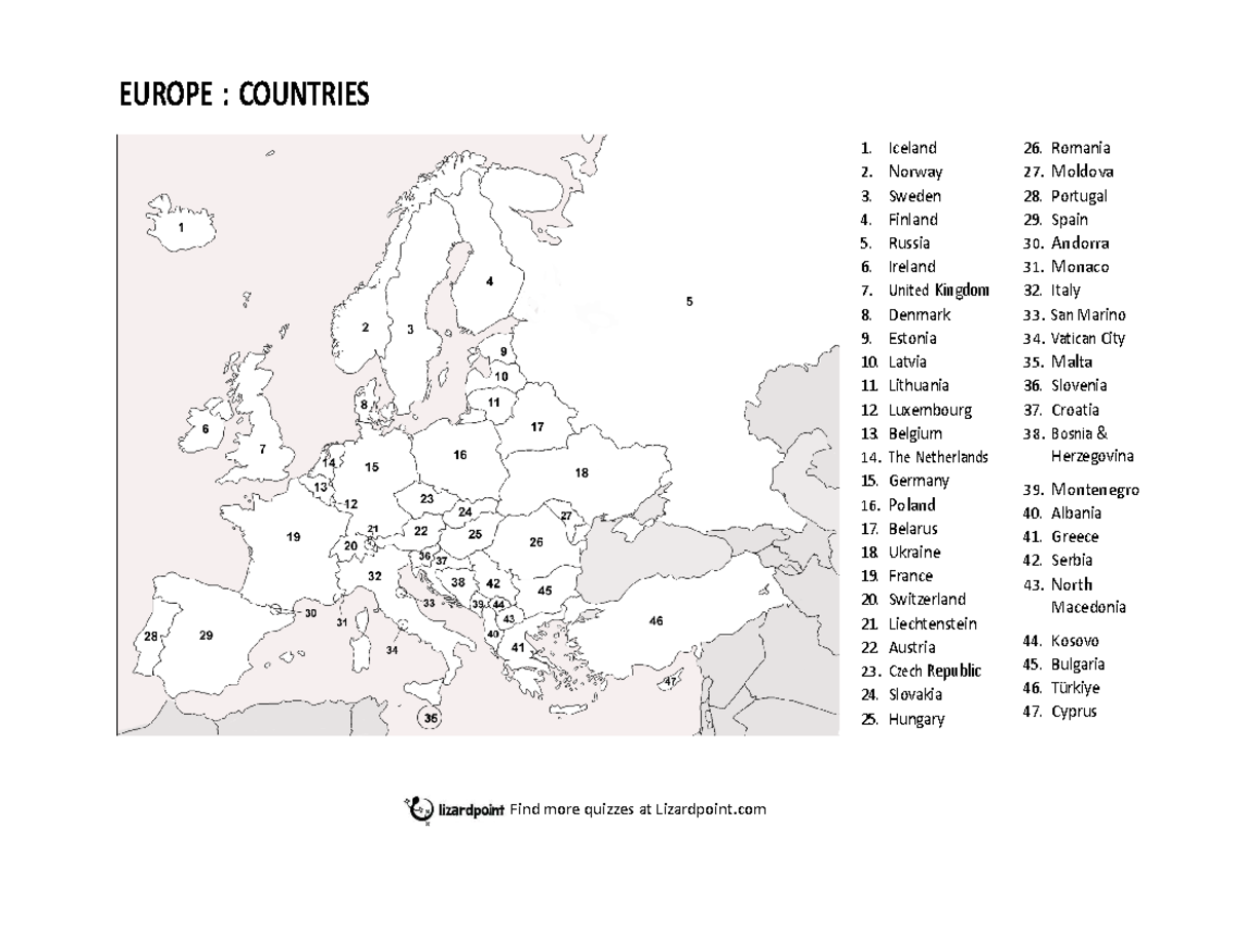 Europe countries numbered labeled v1 - EUROPE : COUNTRIES 1. Iceland 2 ...