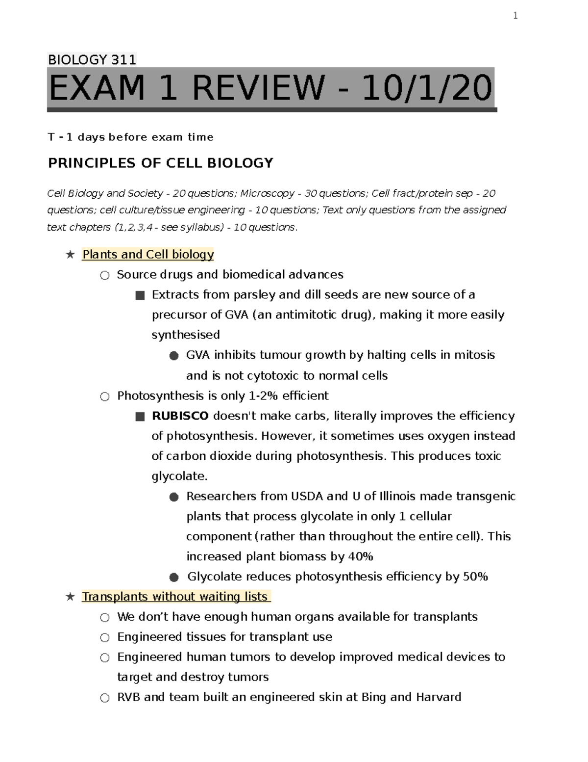 Biology 311 Exam 1 Review - BIOLOGY 311 EXAM 1 REVIEW - 10/1/ T - 1 ...