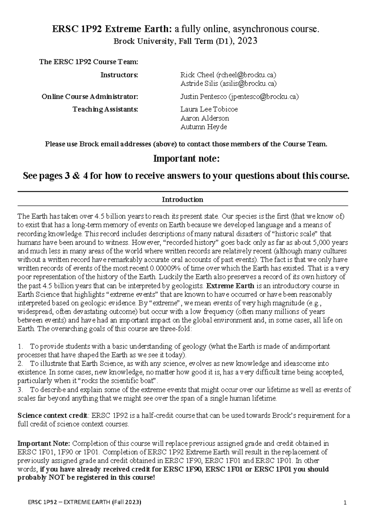 ERSC 1P92 syllabus ERSC 1P92 Extreme Earth a fully online