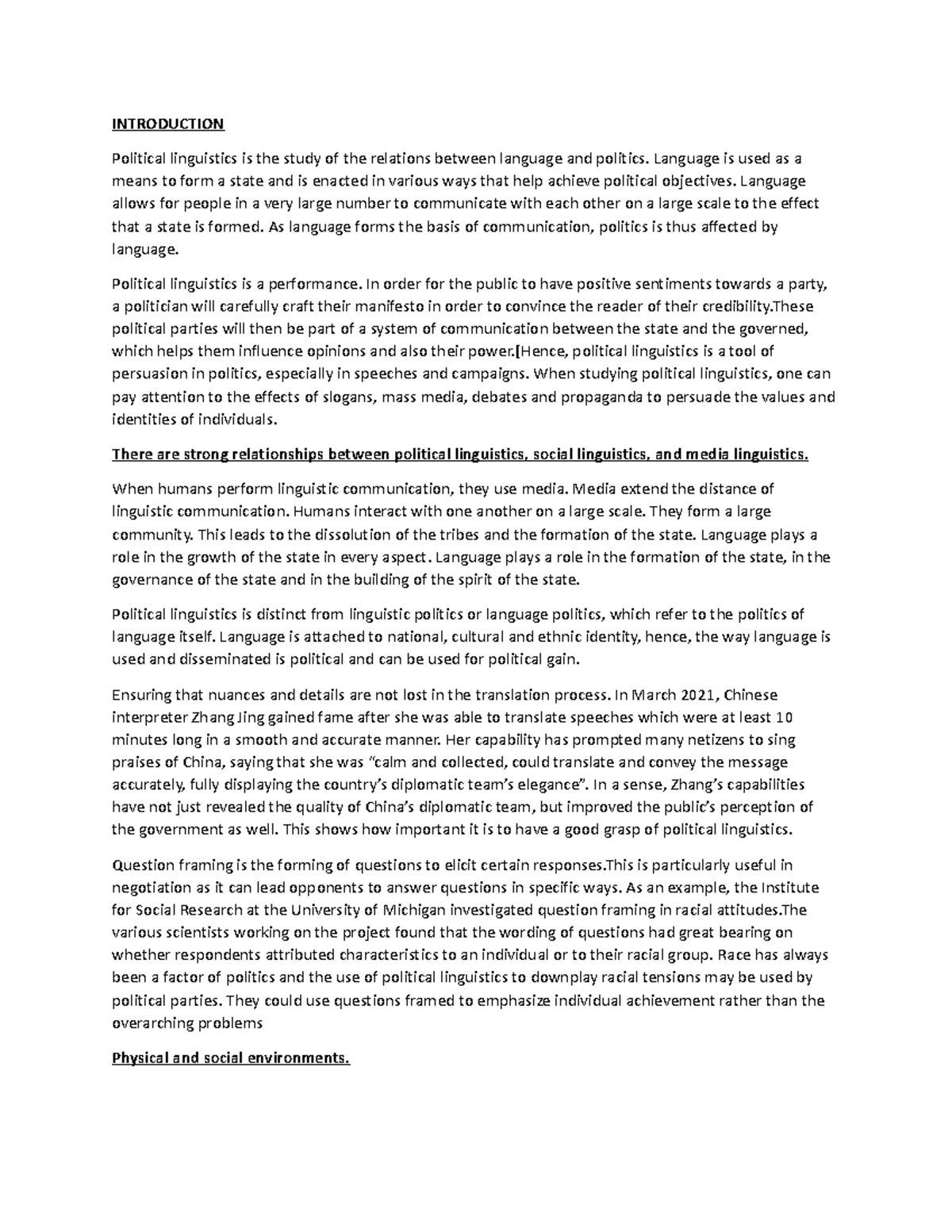Pol - Tttttttttt - INTRODUCTION Political linguistics is the study of ...