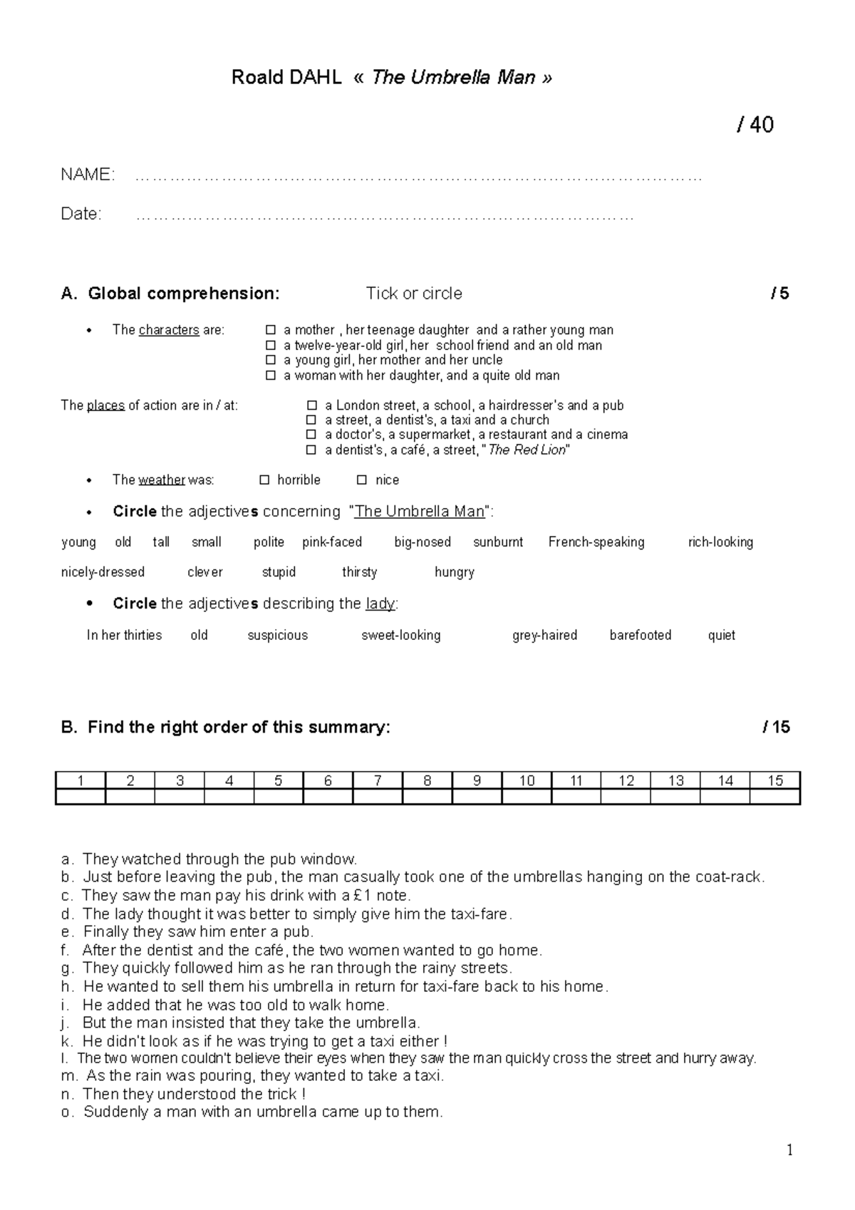 TestUmbrella Man Roald DAHL « The Umbrella Man » / 40 NAME