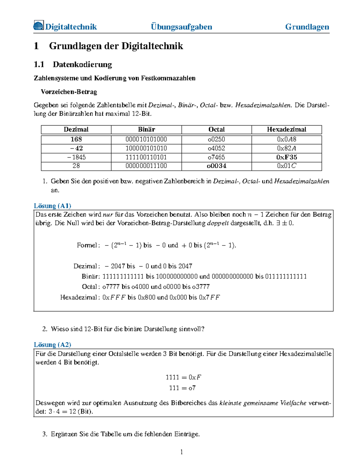 Übungsaufgaben Lösungen - Digitaltechnik Grundlagen 1 Grundlagen Der ...