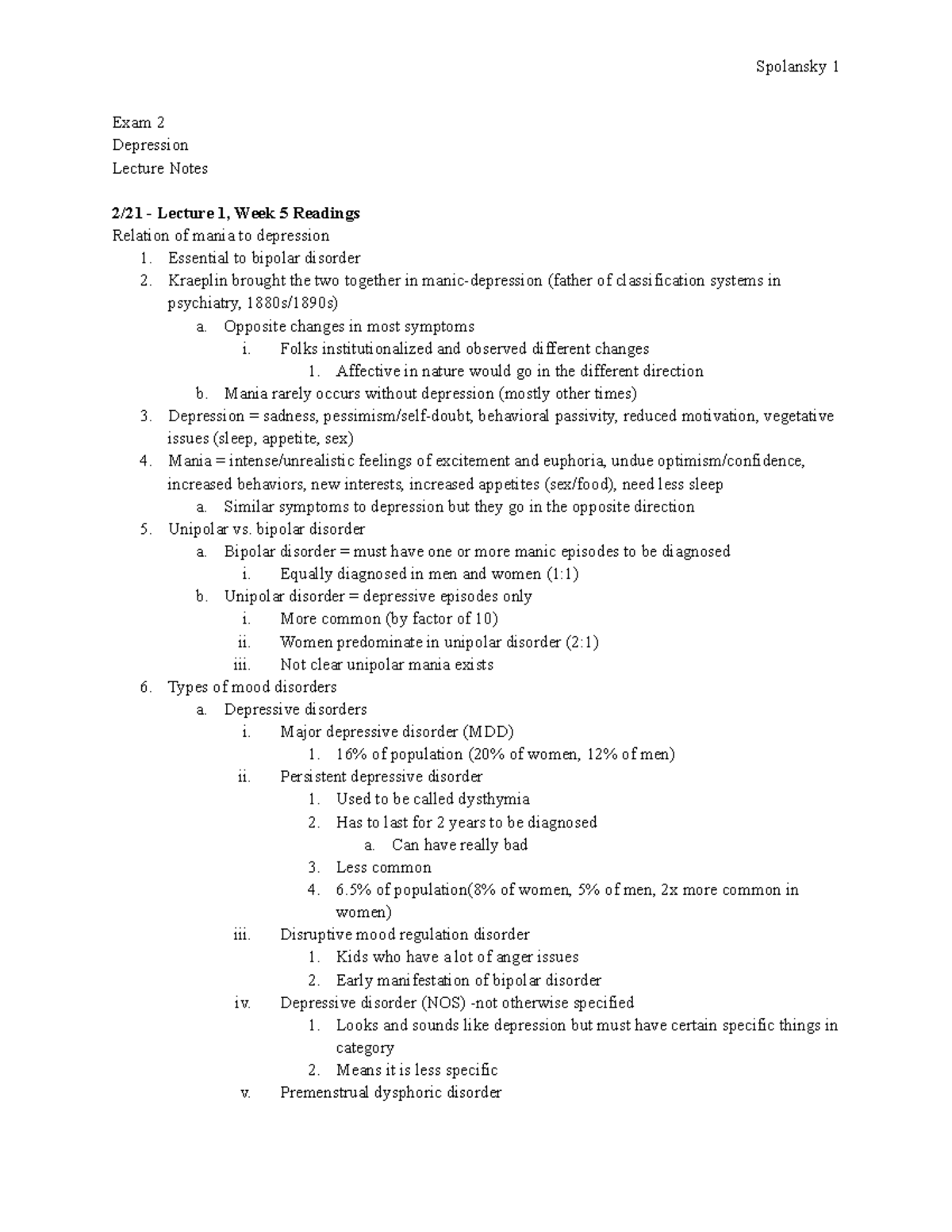 Exam 2 lecture notes depression - Exam 2 Depression Lecture Notes 2/21 ...