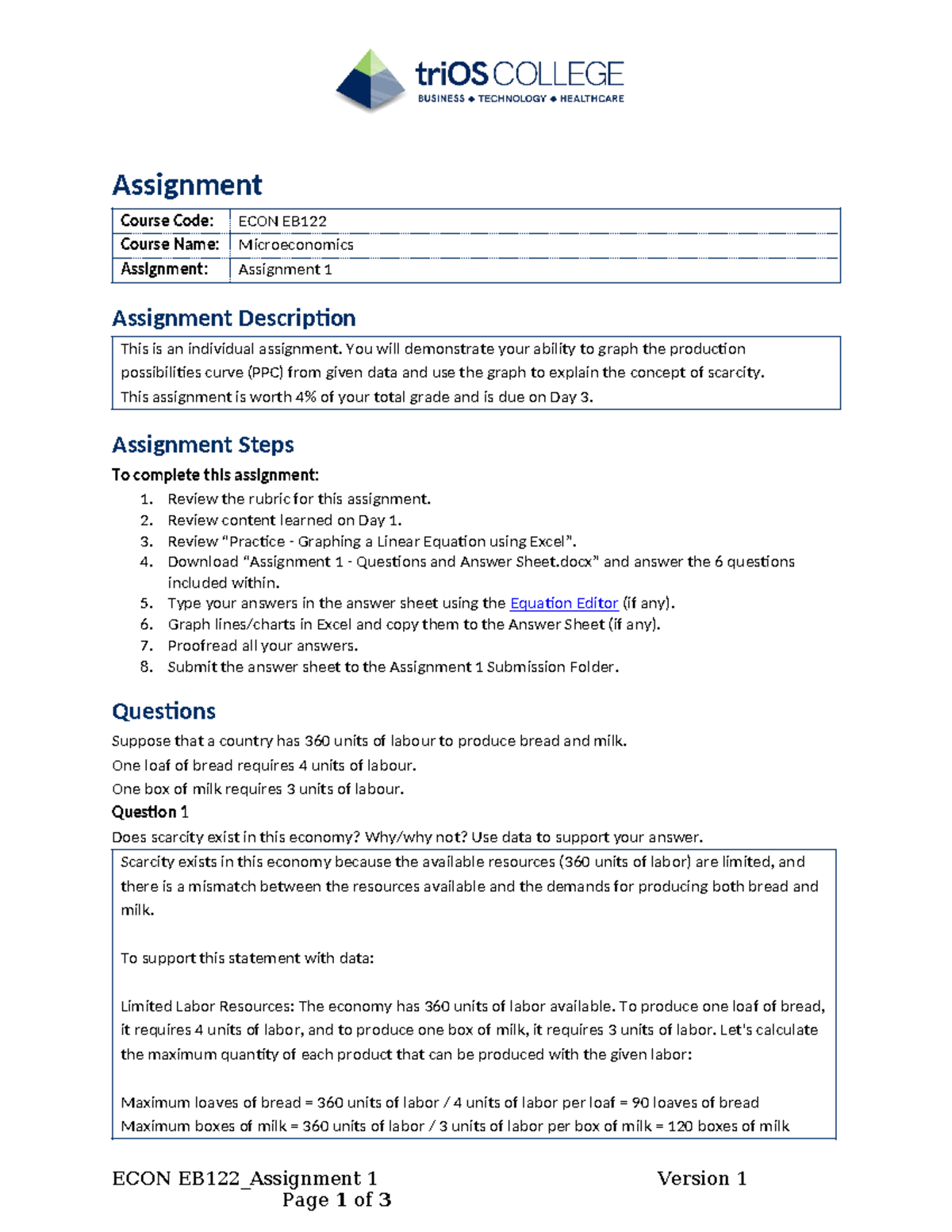 Assignment 1 - Question And Answer Sheet - Assignment Course Code: Econ 