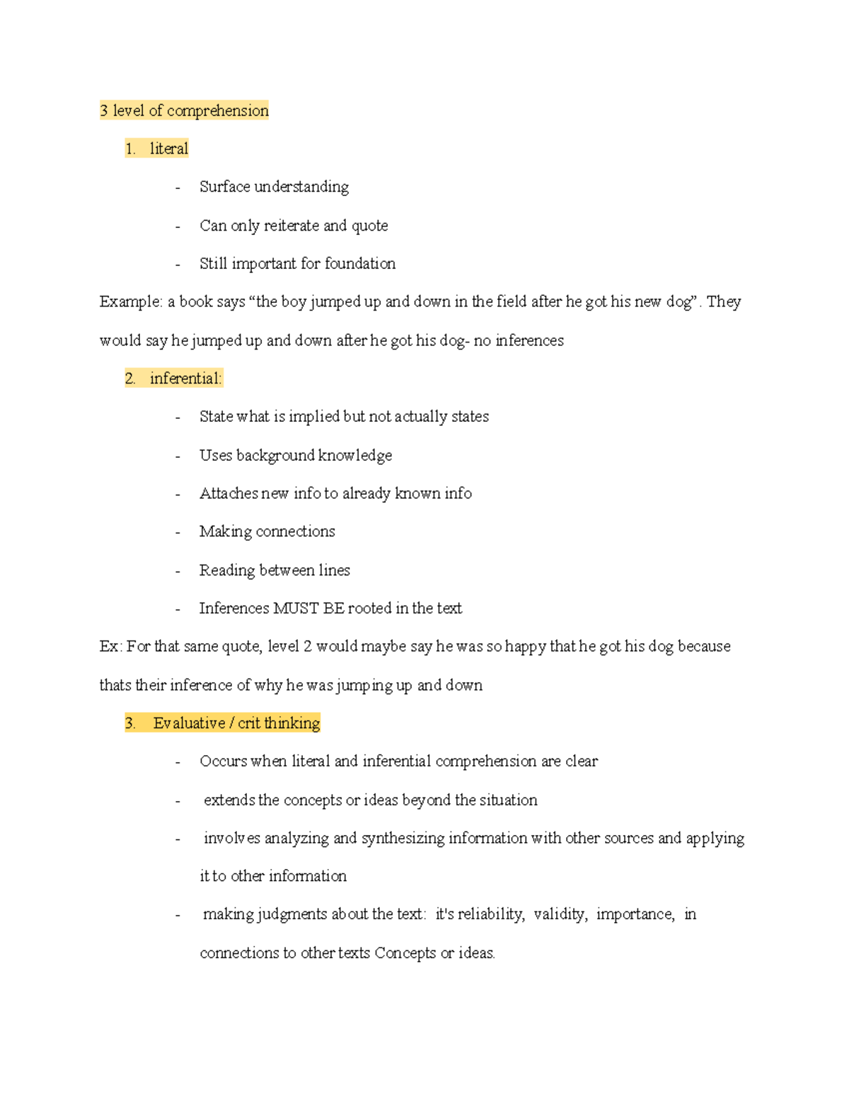 Comprehension study guide - 3 level of comprehension 1. literal ...