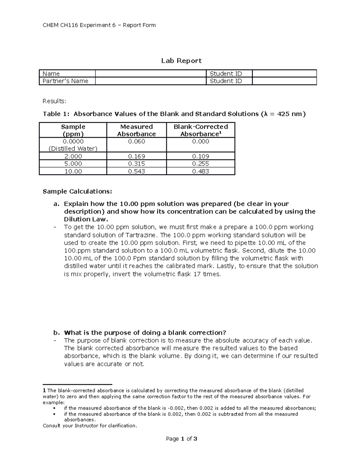 CHEM CH116 Experiment 6 Dilutions And UVVIS Spectrophotometry CHEM