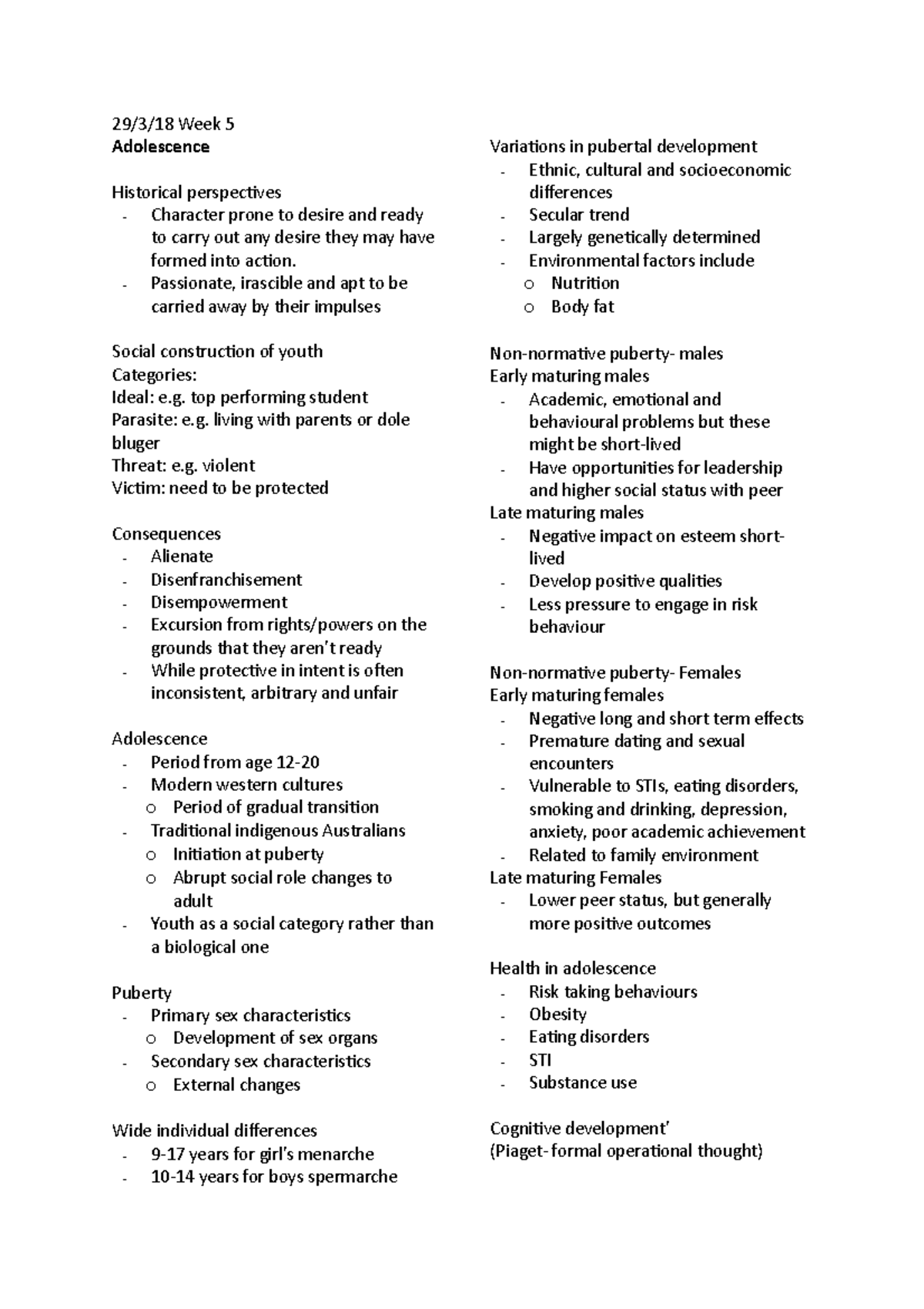 Developmental psychology notes - 29/3/18 Week 5 Adolescence Historical ...