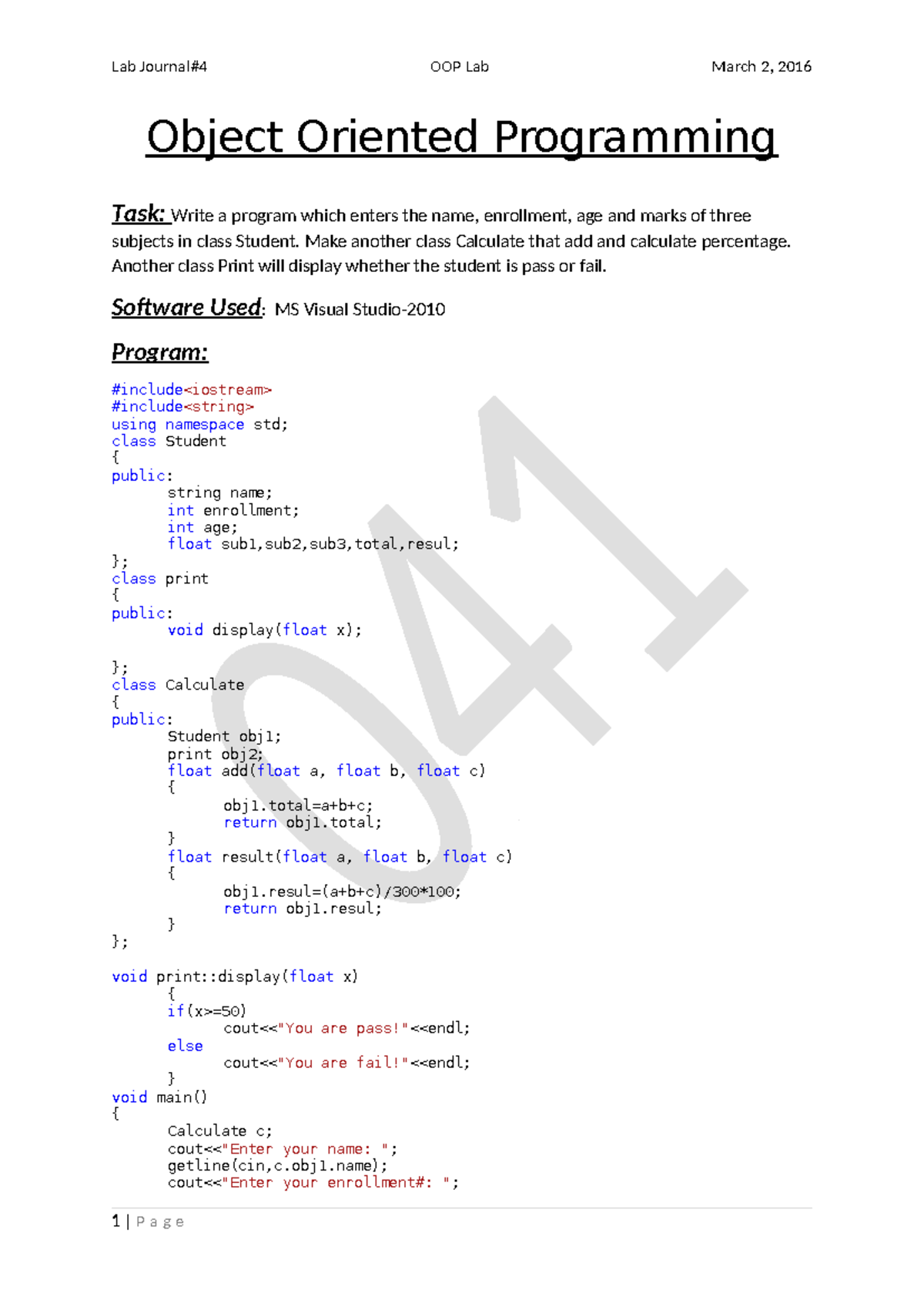 Object Oriented Programming OOP C++ source code with results ...