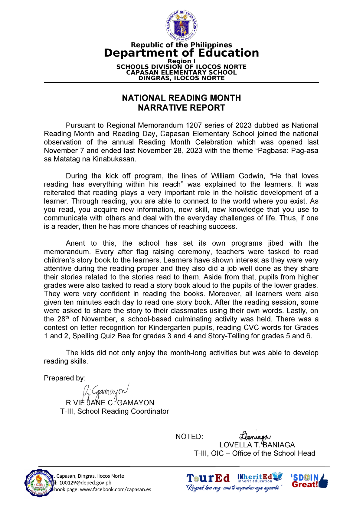 National reading month Republic of the Philippines Department of