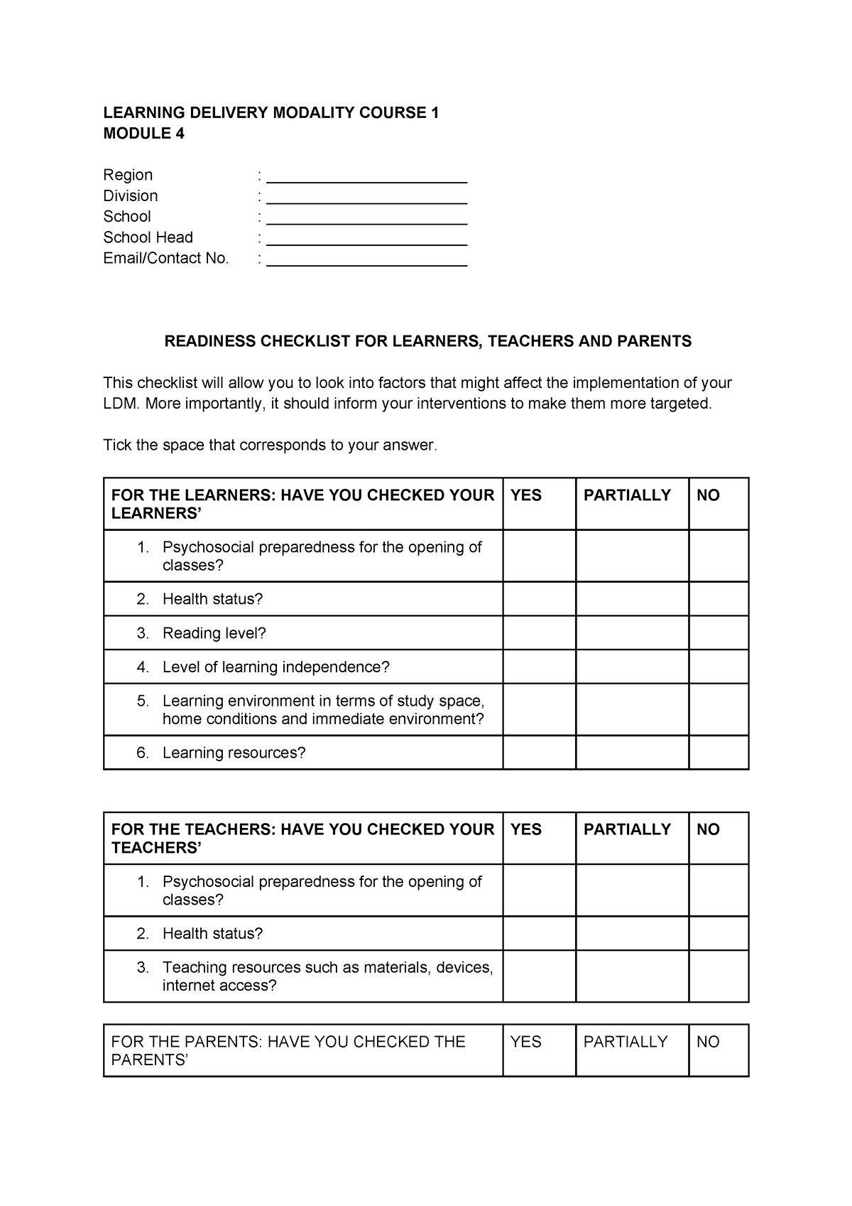 LDM1 Module 4 Readiness Checklist for Learners, Teachers and Parents ...