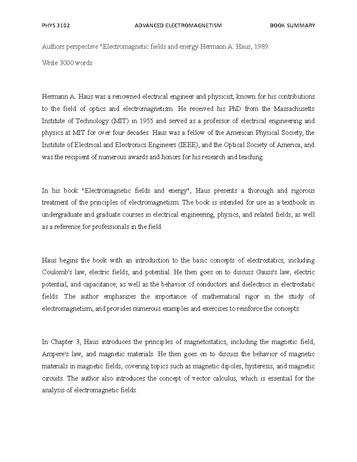 Authors perspective fields and energy PHYS 3102