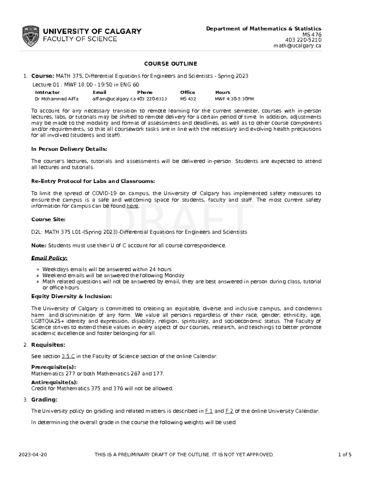 Course Outline - aaaa - Department of Mathematics & Statistics MS 476 ...
