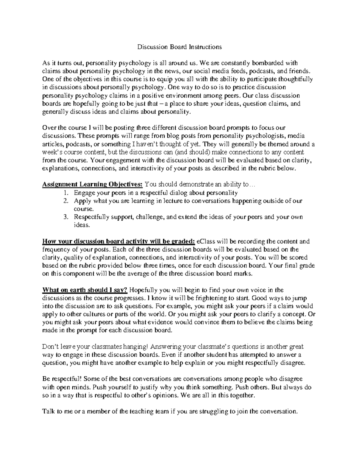 Discussion Board Instructions Rubric Discussion Board Instructions As