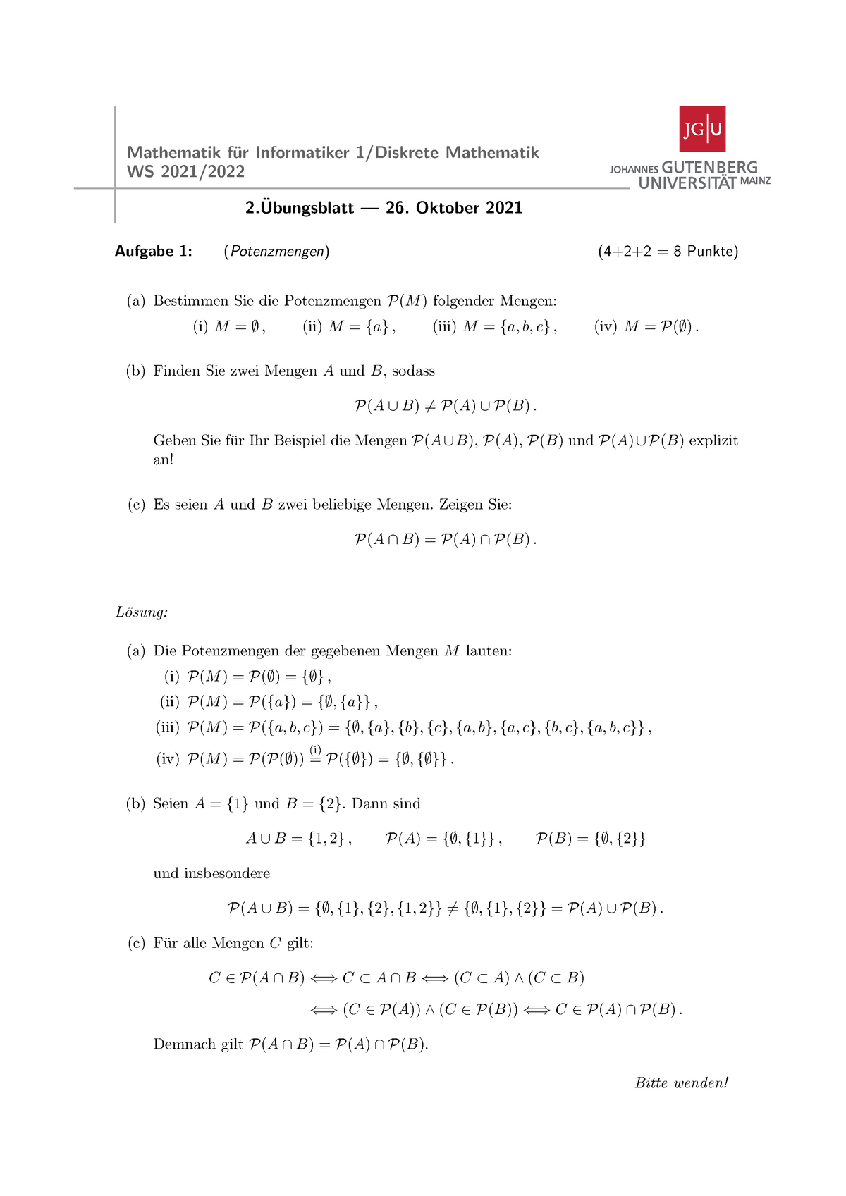 Bungsblatt Mit L Sungen Mathematik F Ur Informatiker Diskrete