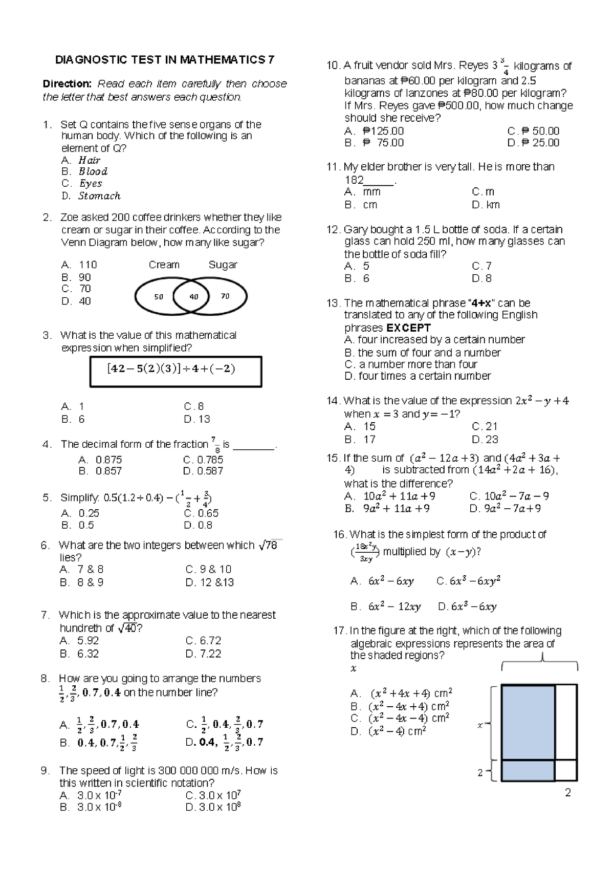 Final Diagnostic TEST MATH 7 - Education - Studocu