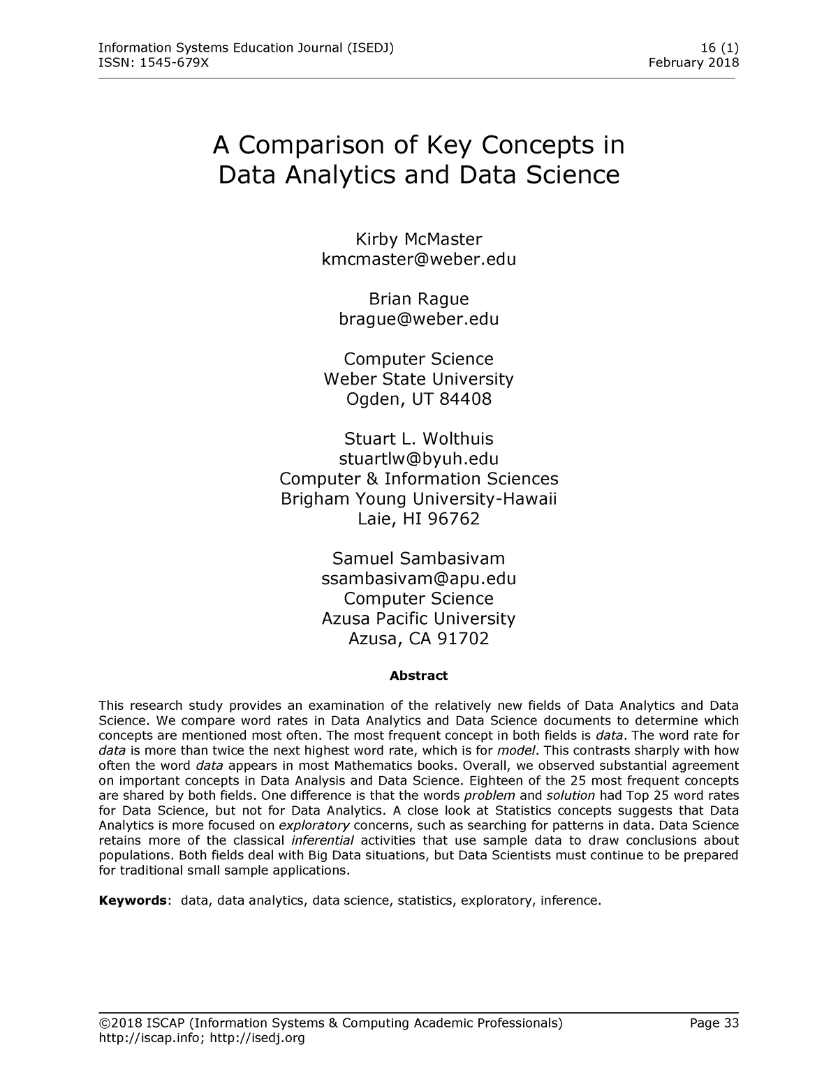 A Comparison Of Key Concepts In Data Analytics And Data Science - ISSN ...