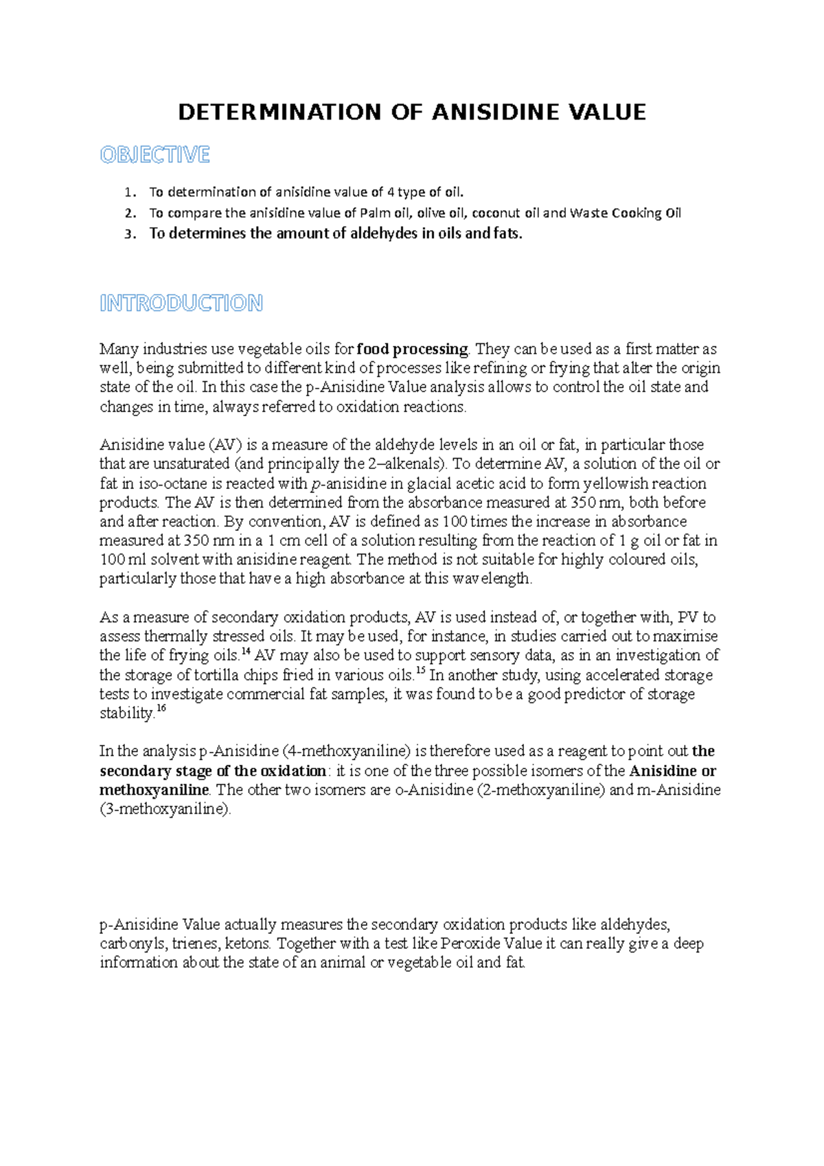 Determination OF Anisidine Value - DETERMINATION OF ANISIDINE VALUE ...