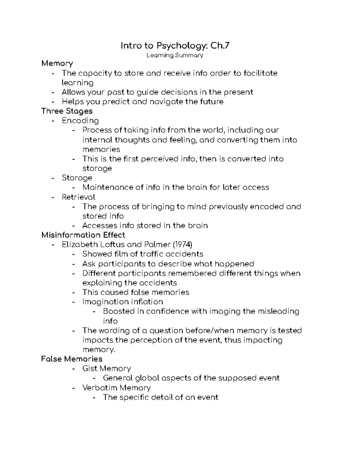 Intro To Psychology Ch 7 - Learning Summary Memory The Capacity To ...