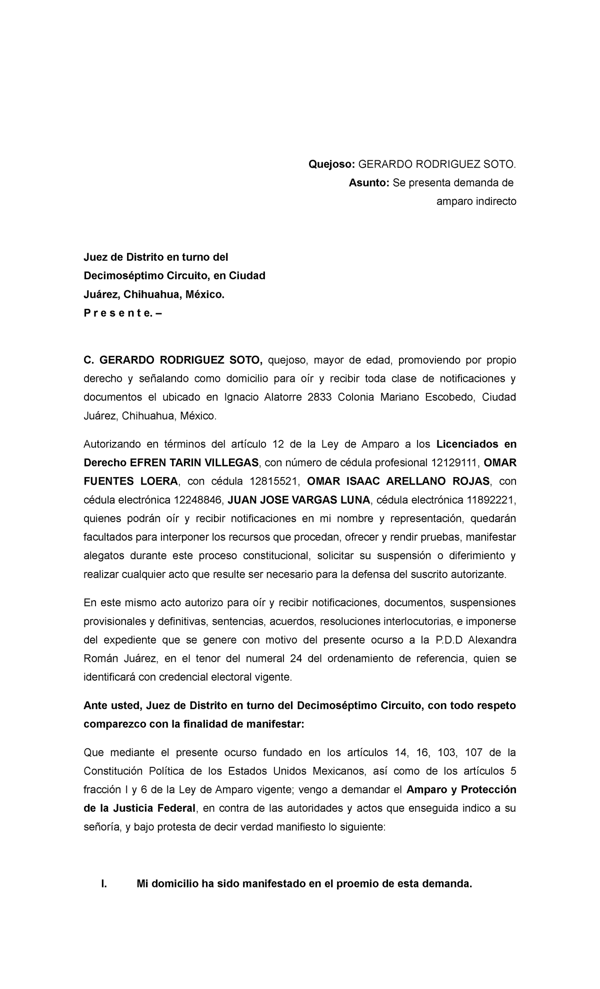 Amparo Indirecto Contra Orden DE Aprehension g - Quejoso: GERARDO ...