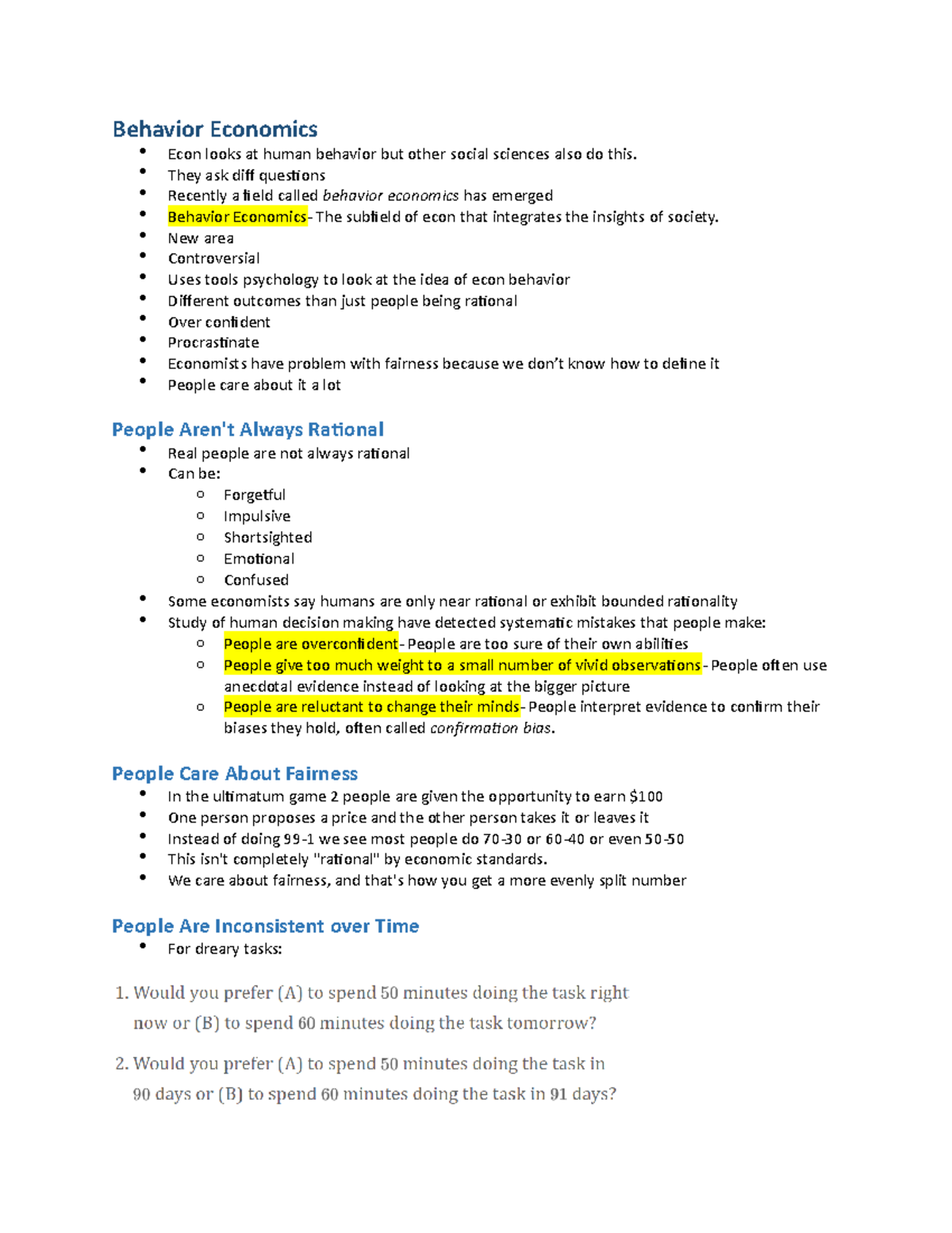 22 - Microeconomics Notes - Behavior Economics Econ looks at human ...