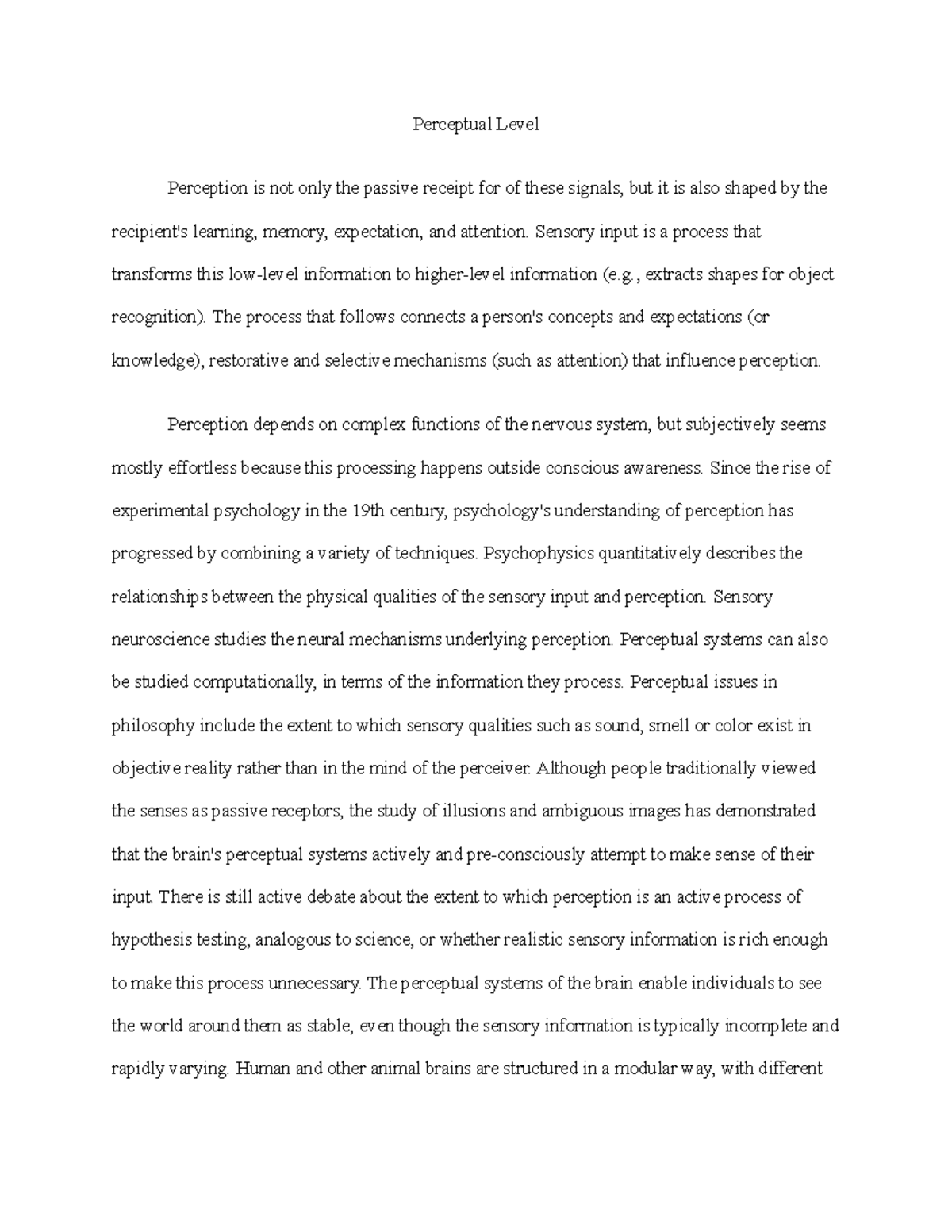 Perceptual Level - Perceptual Level Perception is not only the passive ...