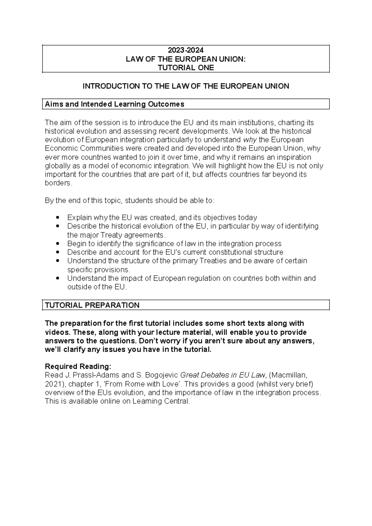 Tutorial 1 - 2023- LAW OF THE EUROPEAN UNION: TUTORIAL ONE INTRODUCTION ...