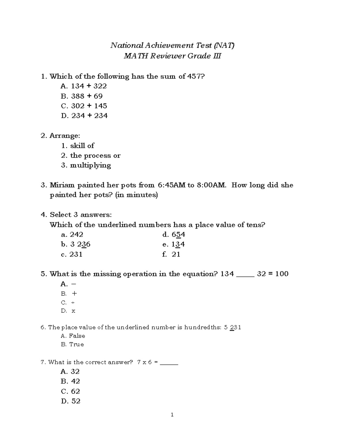 MATH Reviewer NAT3 - National Achievement Test (NAT) MATH Reviewer ...