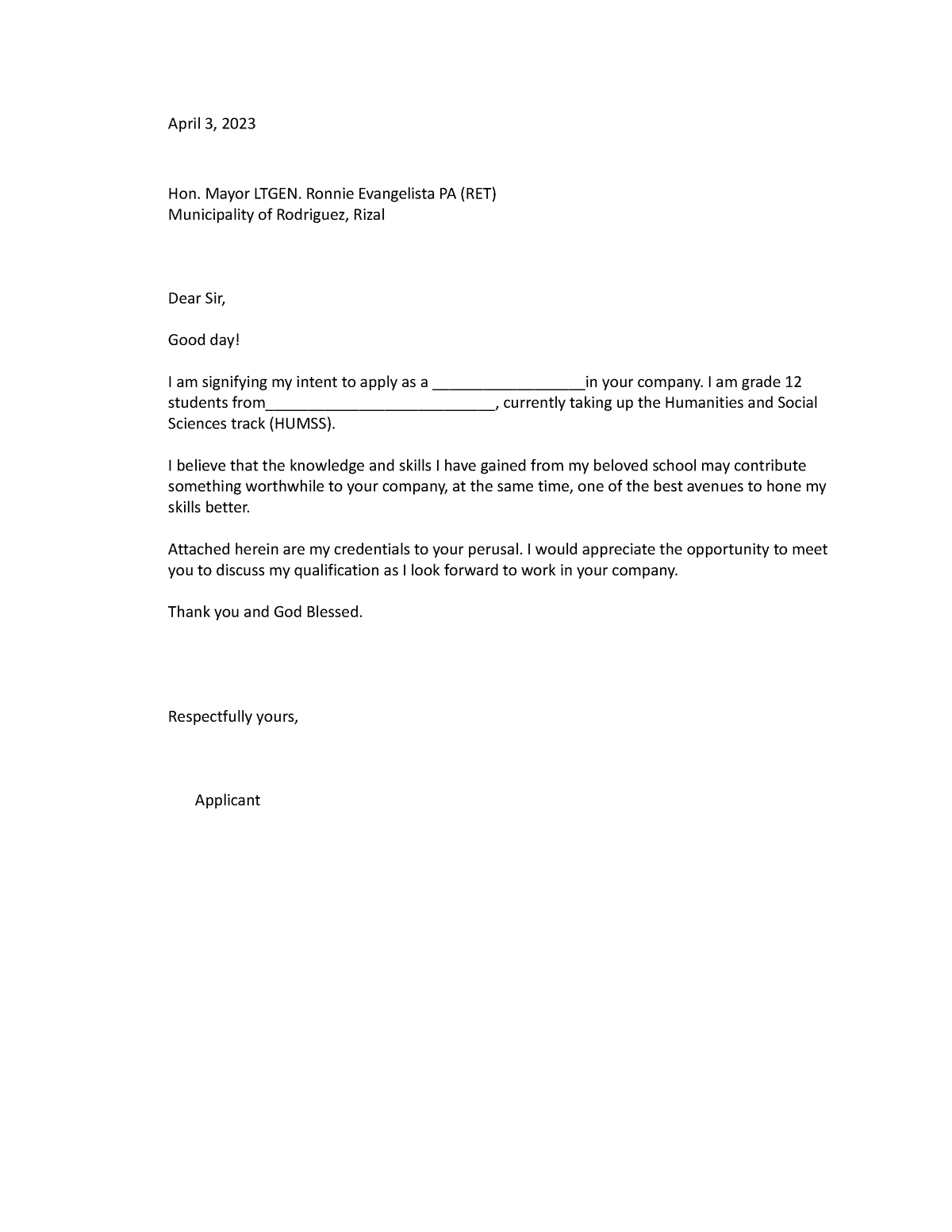 Application letter - good in reference. - April 3, 2023 Hon. Mayor ...