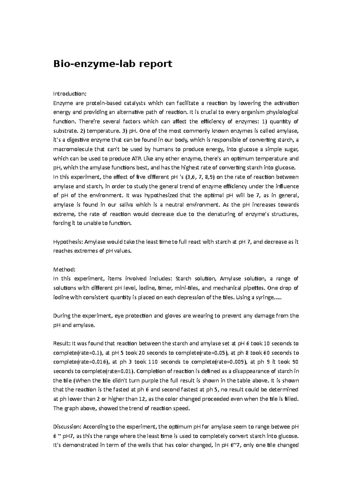 Bioenzyme experiment report Bioenzymelab report Introduction
