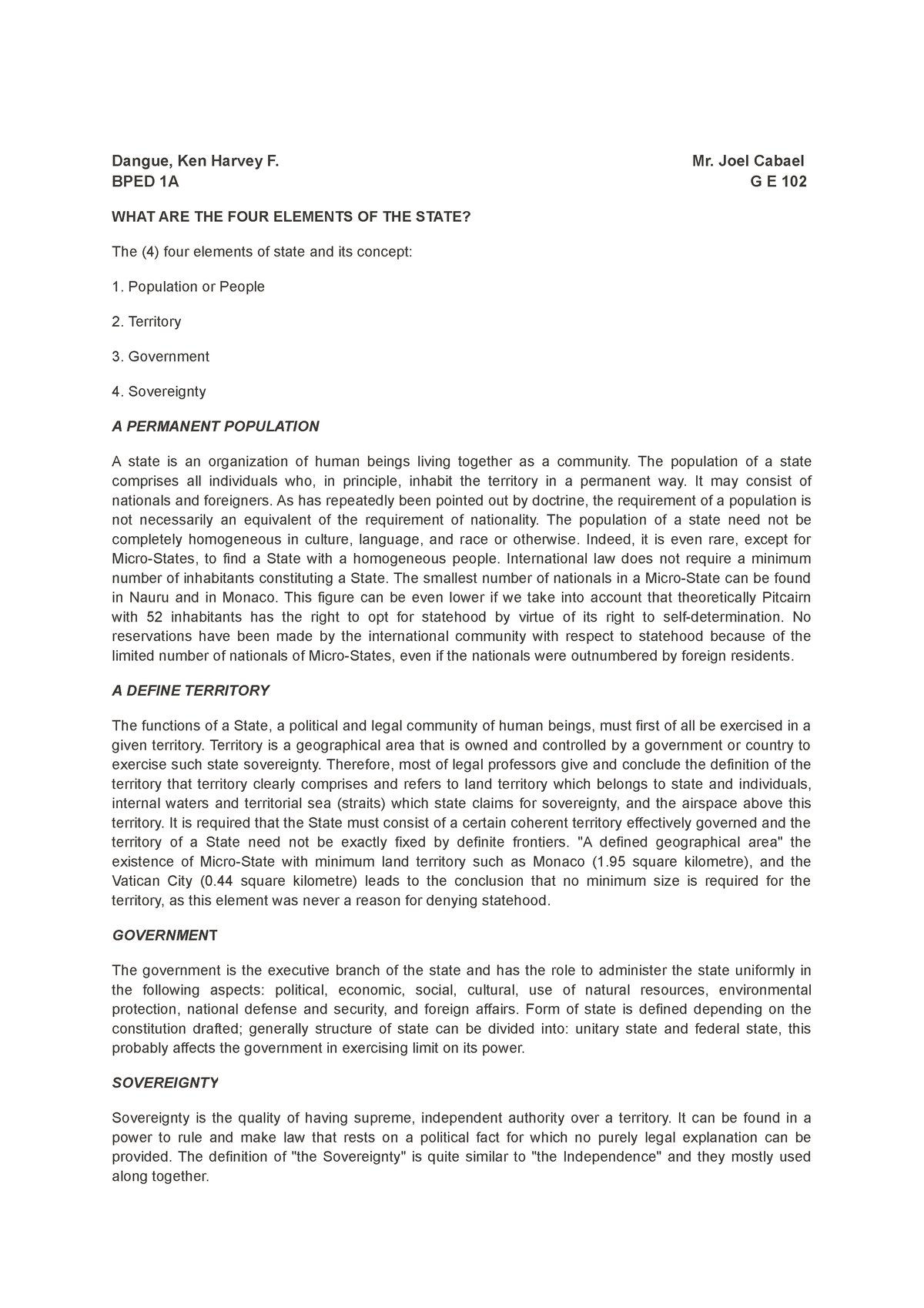 GE 102 Elements AND Inherent Power - Dangue, Ken Harvey F. Mr. Joel ...