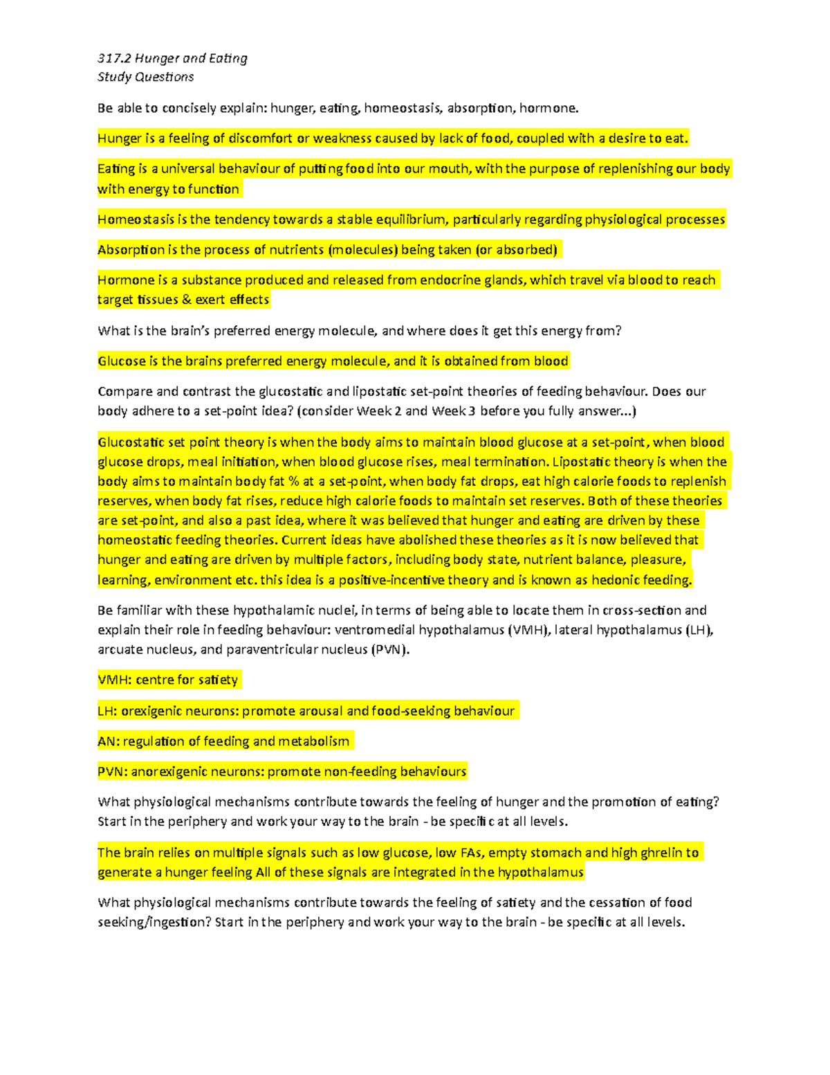 317.2 SQs Hunger and Eating - 317 Hunger and Eating Study Questions Be ...