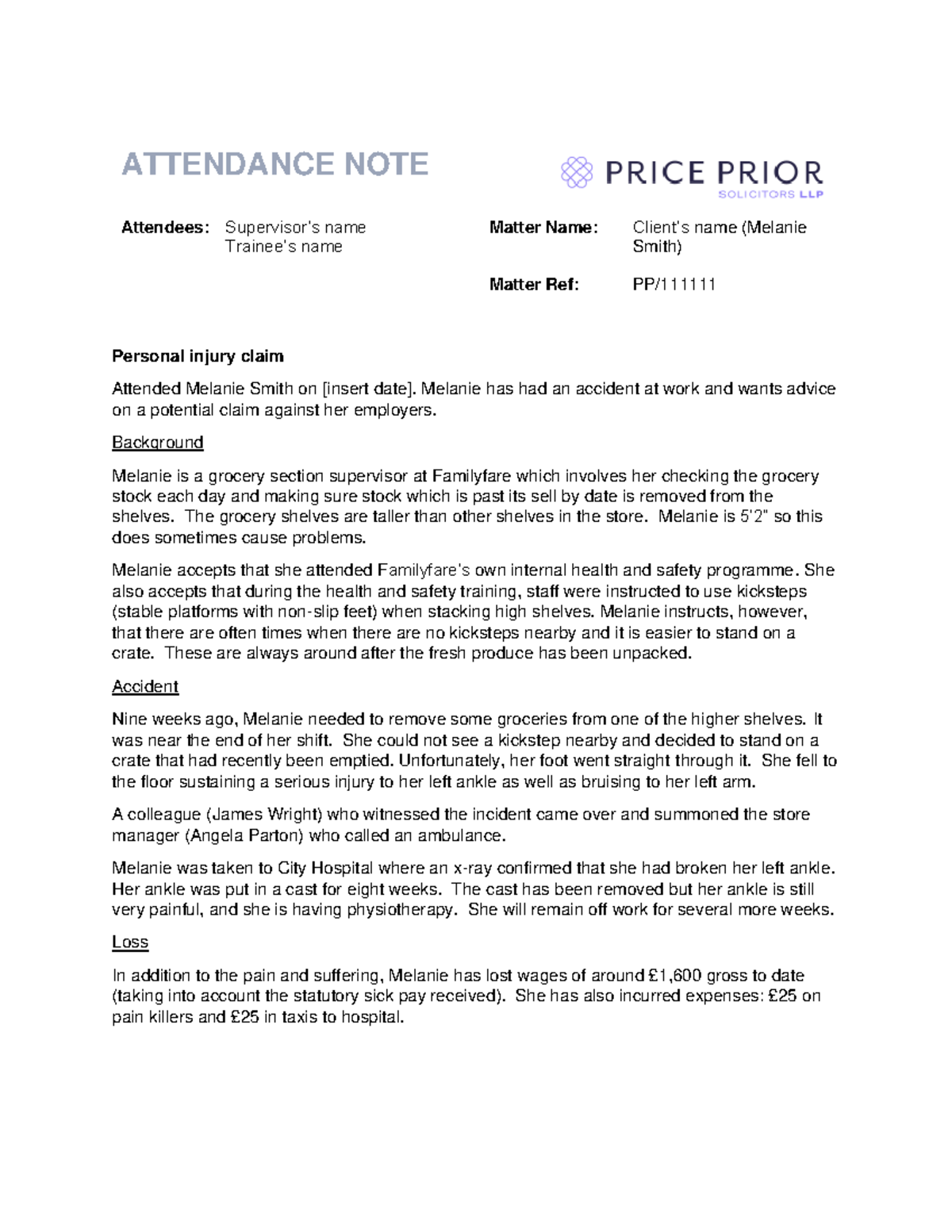 Attendance Note Example ATTENDANCE NOTE Attendees Supervisor’s name