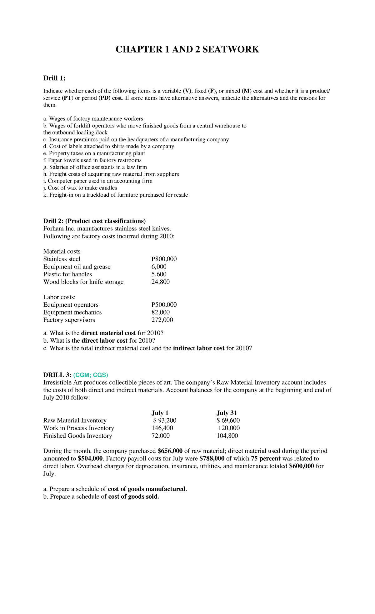Chapter 1 AND 2 Seatwork FOR Students - CHAPTER 1 AND 2 SEATWORK Drill ...