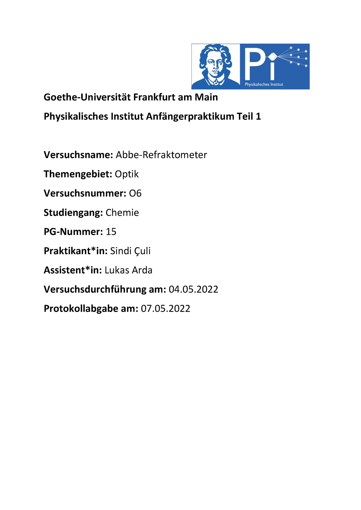 Op6 Ap1 Protokoll Goethe Universit‰t Frankfurt Am Main Physikalisches Institut Anf