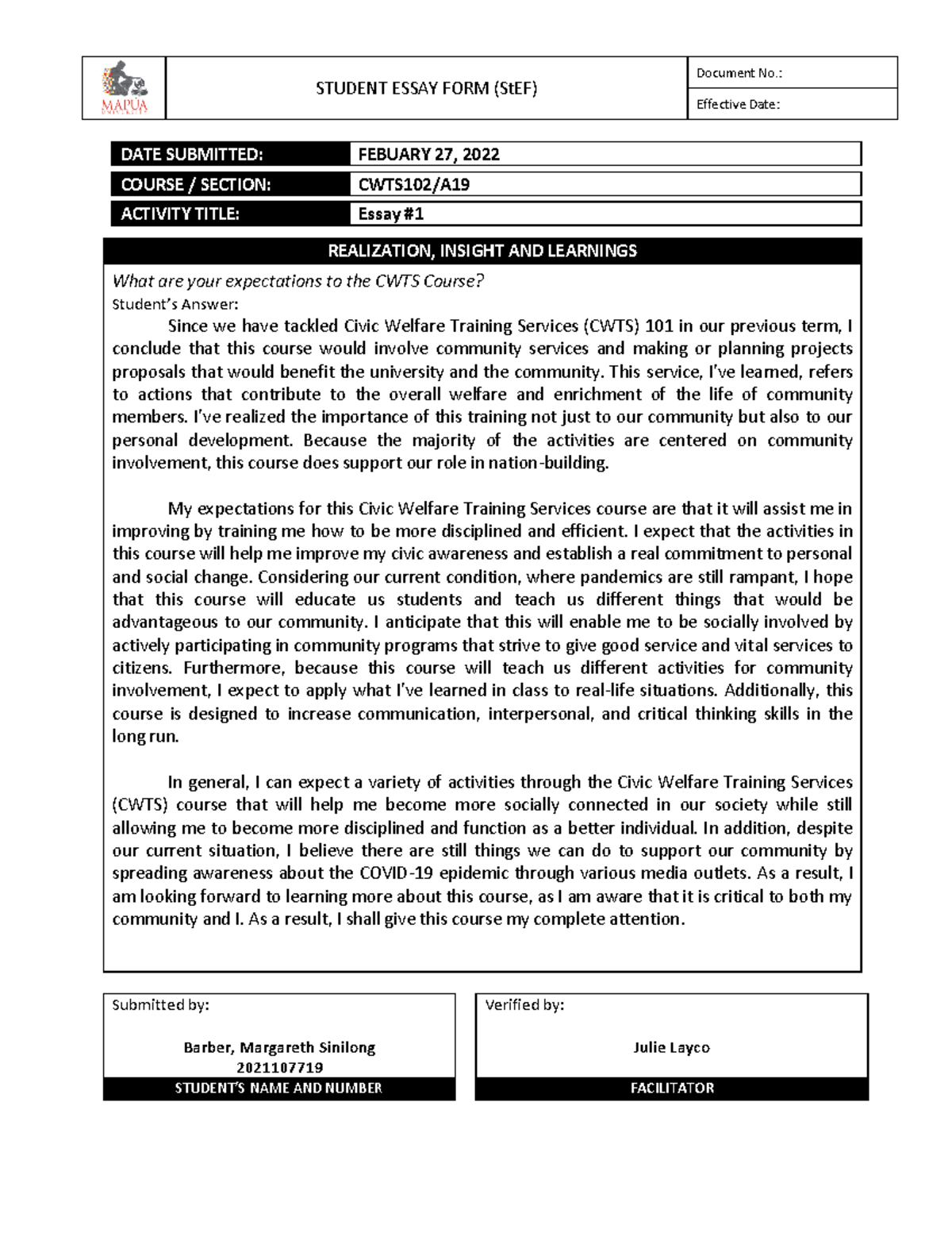 CWTS102-A19- Essay 1 - STUDENT ESSAY FORM (StEF) Document No ...