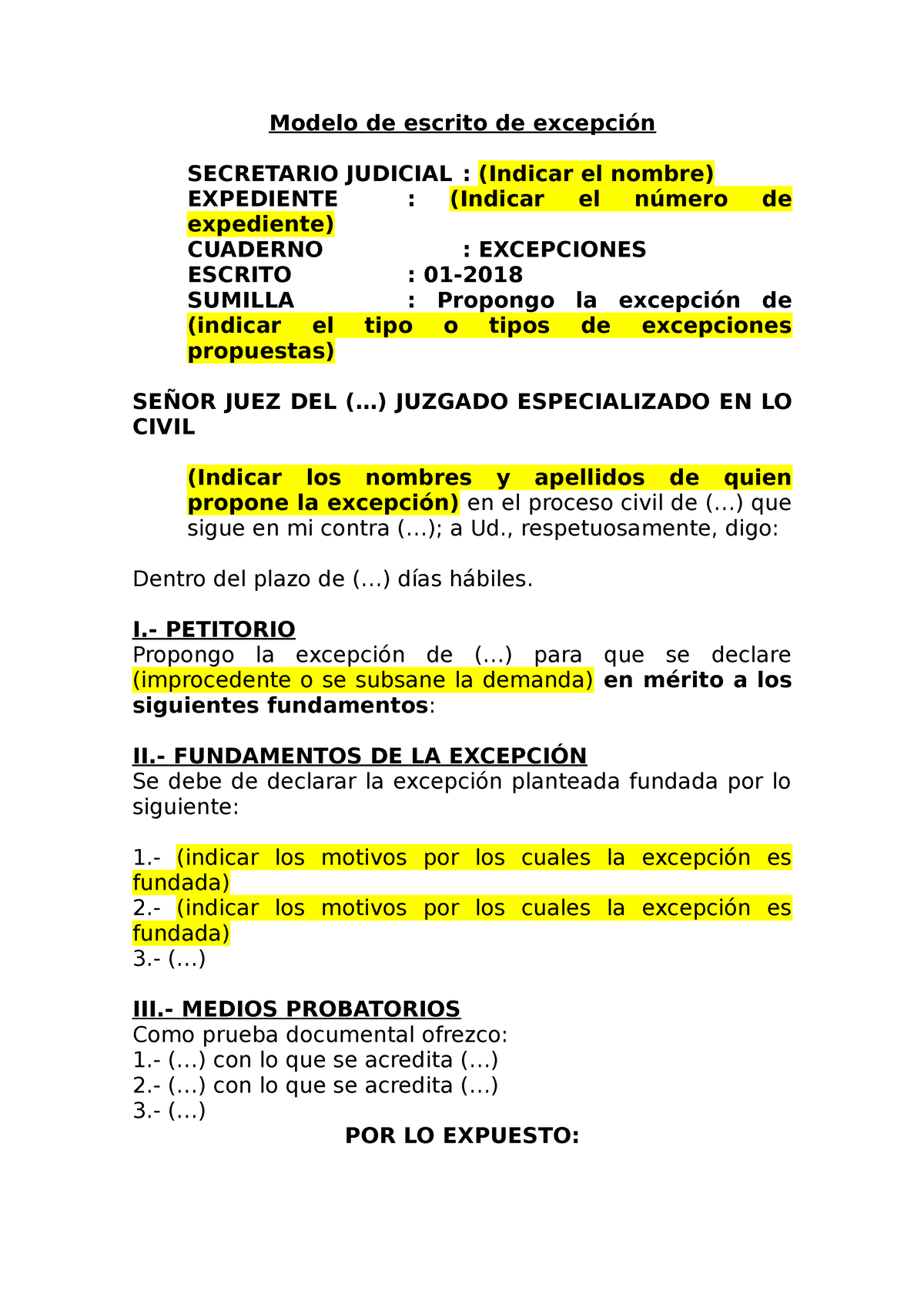 Exepción DE Prescripción Extintiva - Modelo De Escrito De Excepción ...