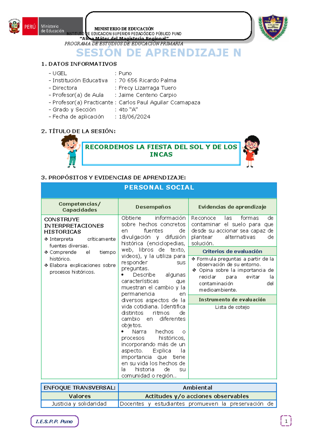 Sesion DE Personal Social 4TO DE Primaria - INSTITUTO DE EDUCACION ...